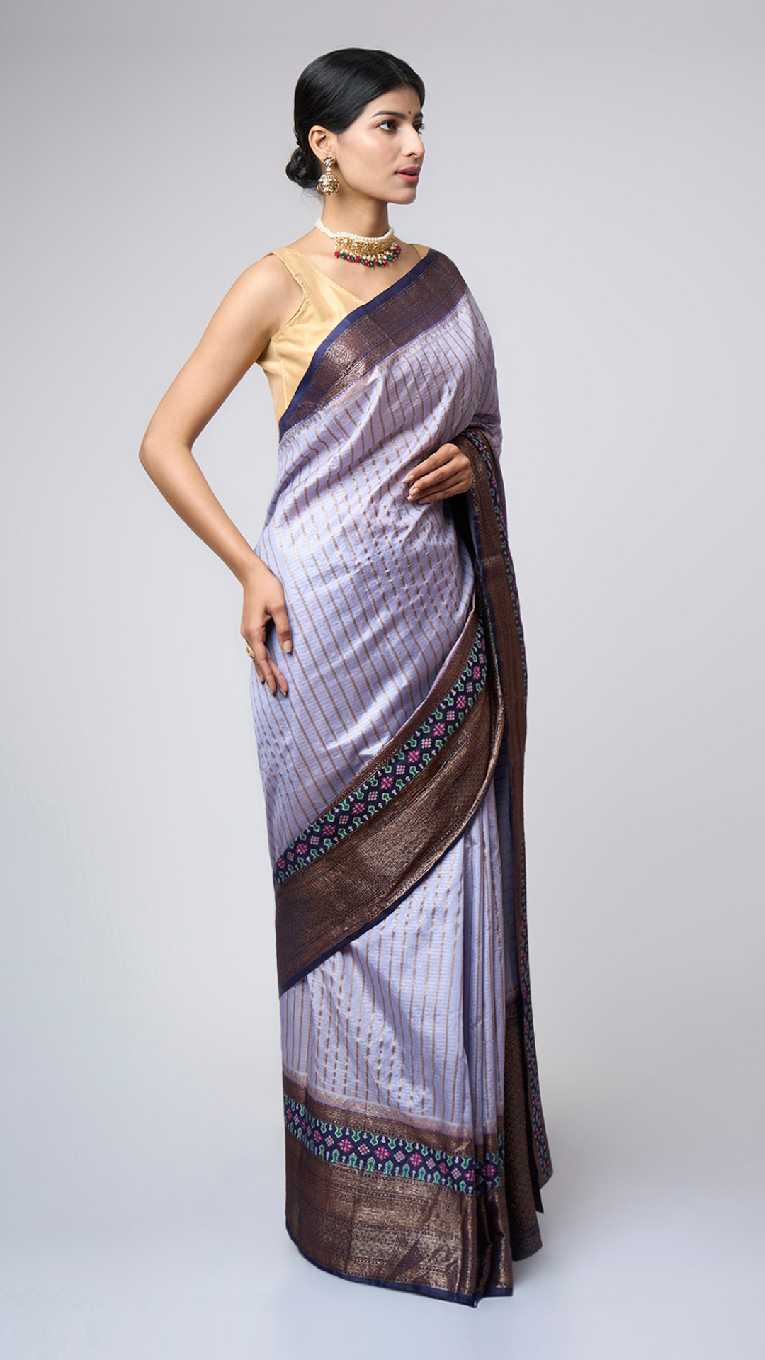 Neelaya - Lavender Grey Striped Zari Silk Blend Saree - Zahrat Saree