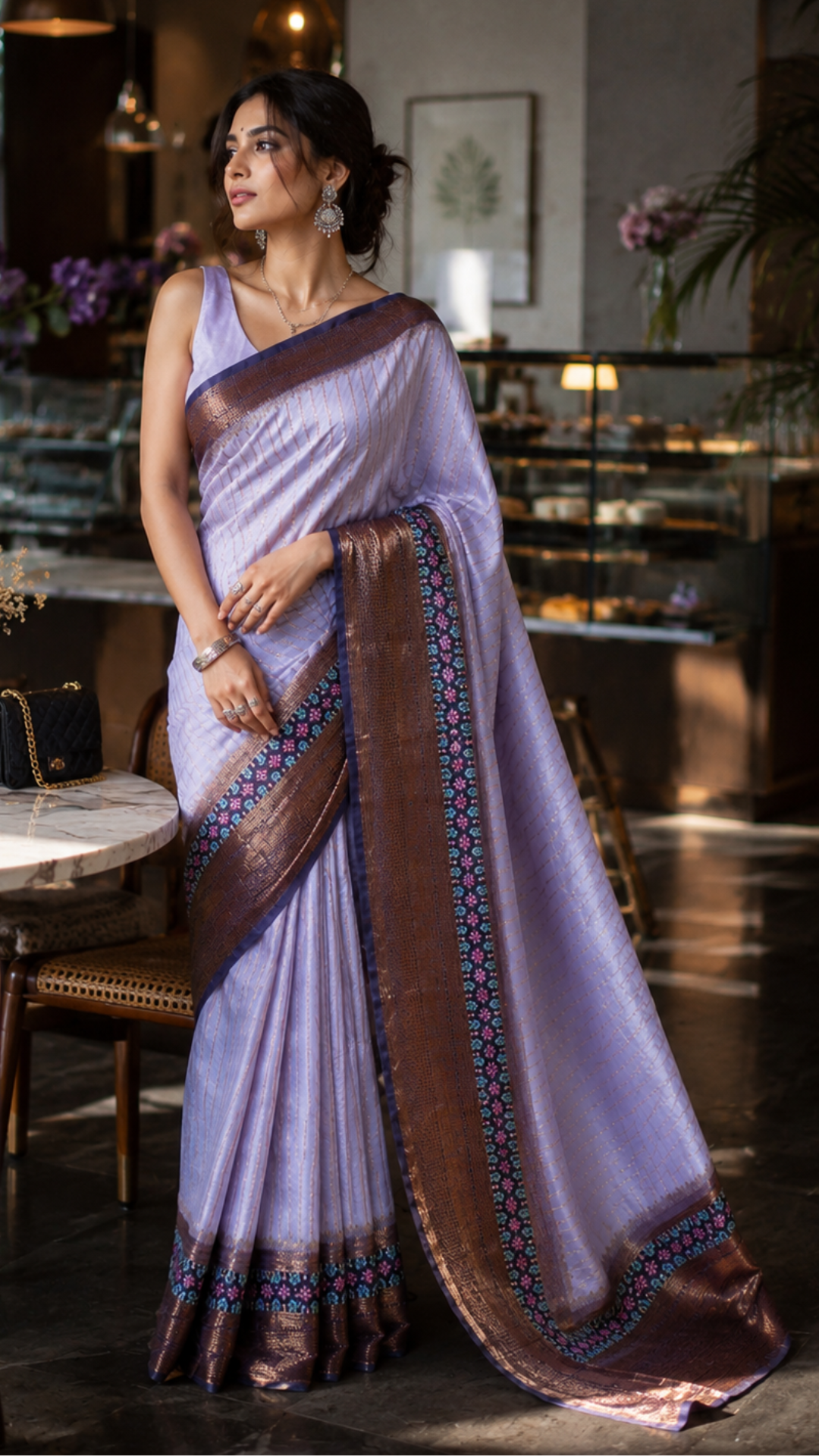 Lifestyle shot of Neelaya - Lavender Grey Striped Zari Silk Blend Saree - Zahrat Sareee 