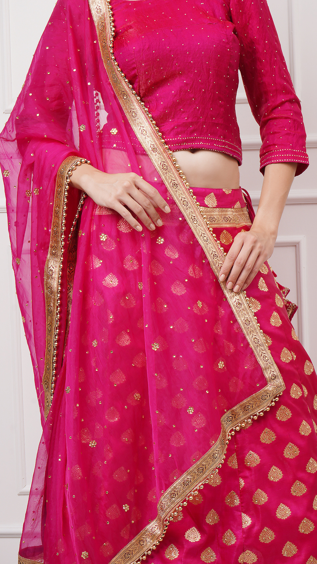 Fiorra Deep Pink Banarasi Lehenga Set by Zahrat