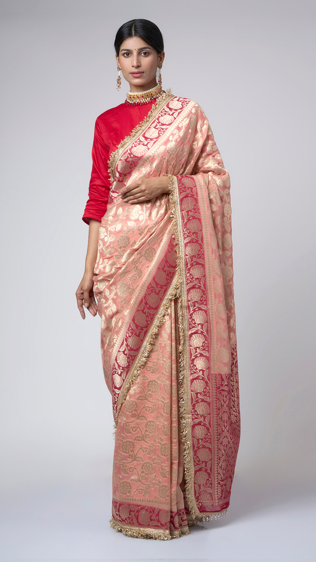 Rang - e - Mehfil – Soft Peach Chiffon Saree with Gold & Maroon Floral Zari - Zahrat Saree