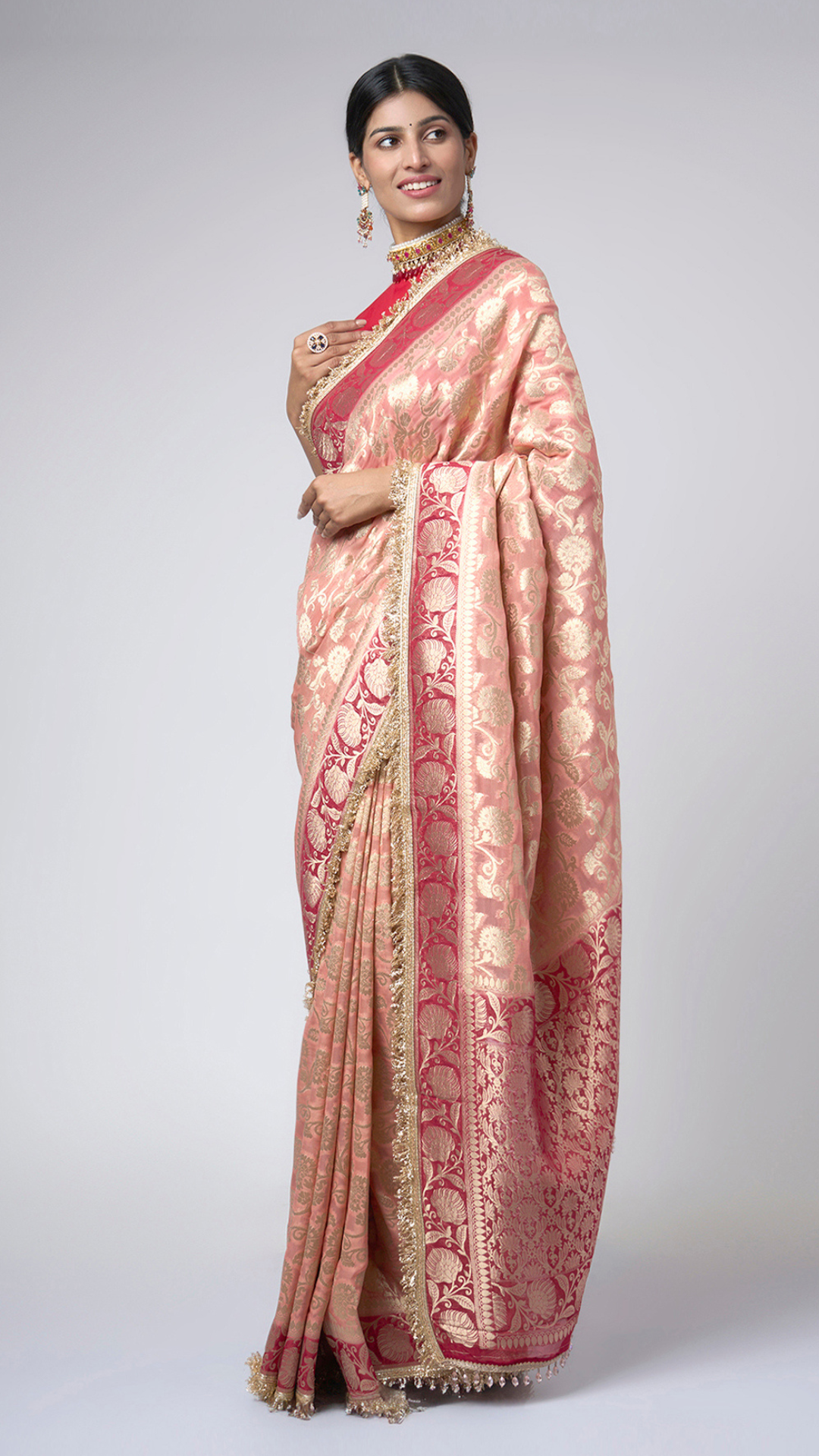 Rang - e - Mehfil – Soft Peach Chiffon Saree with Gold & Maroon Floral Zari - Zahrat Saree