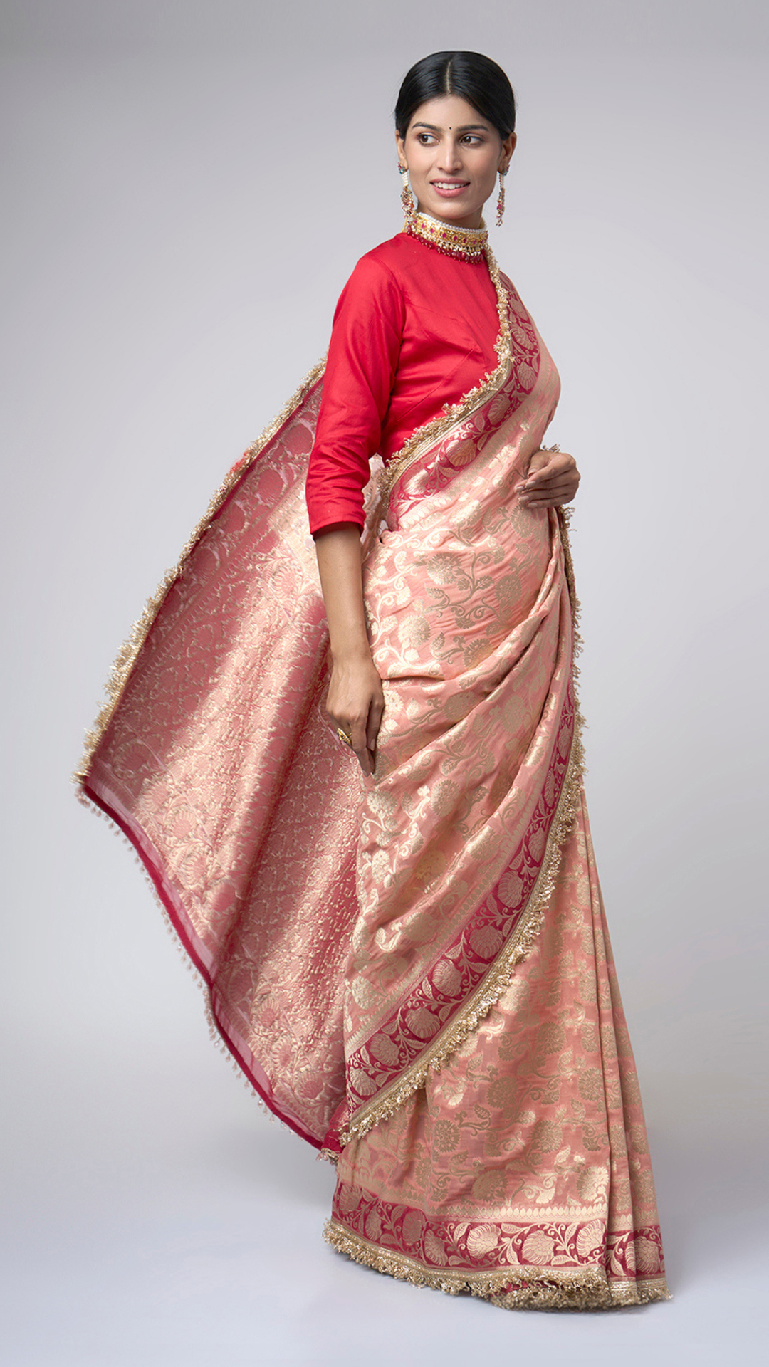 Rang - e - Mehfil – Soft Peach Chiffon Saree with Gold & Maroon Floral Zari - Zahrat Saree