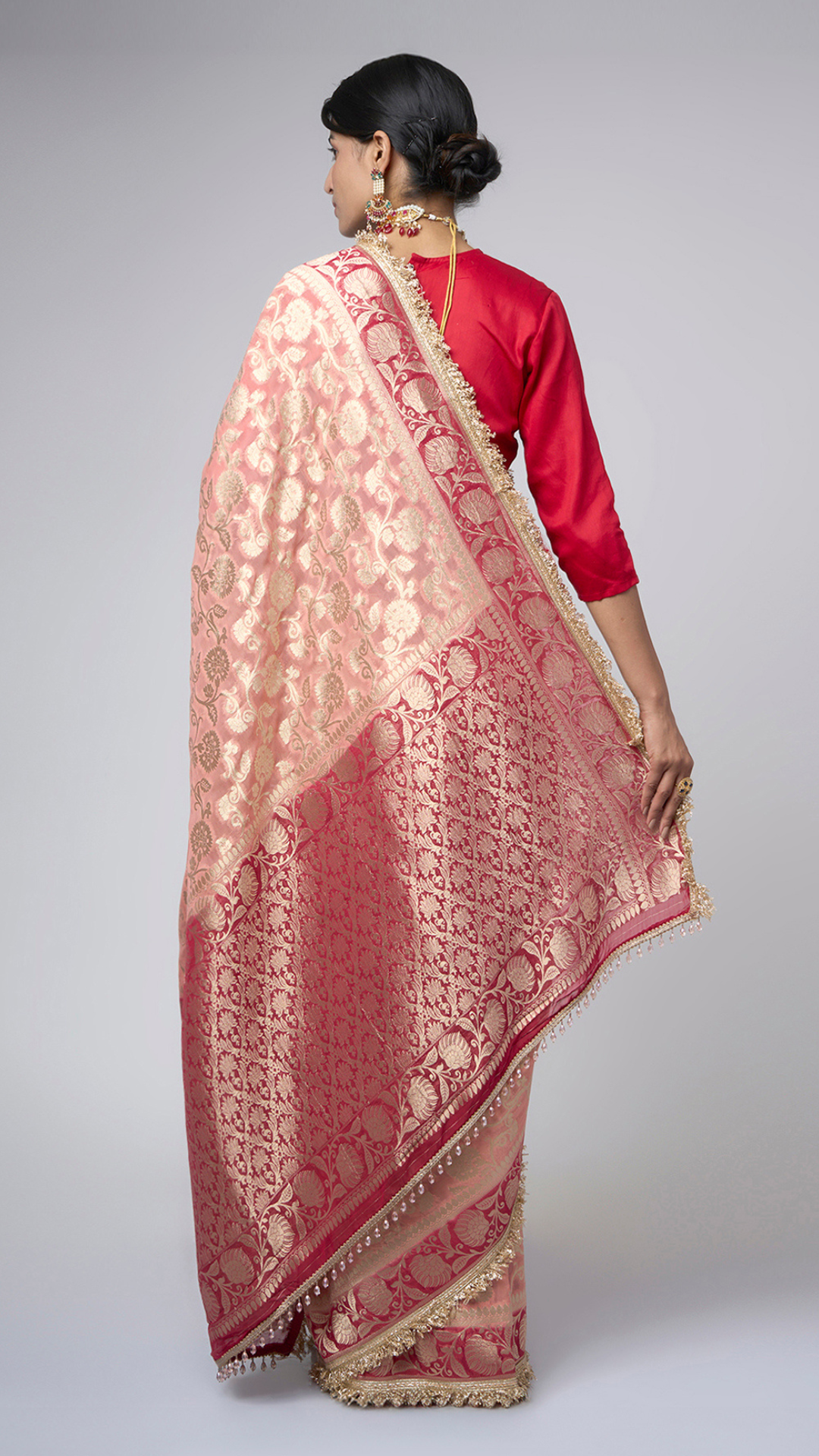 Rang - e - Mehfil – Soft Peach Chiffon Saree with Gold & Maroon Floral Zari - Zahrat Saree