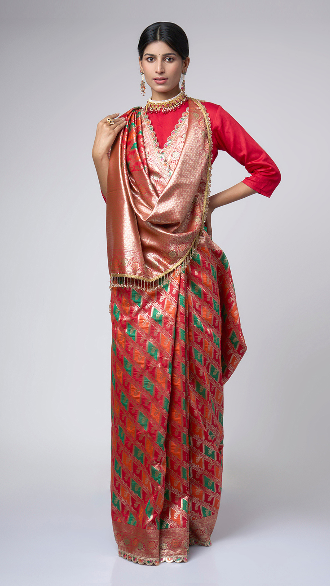 Rangreza – Red Rangkat Saree with Multicolor Patterns & Gold Zari - Zahrat Saree