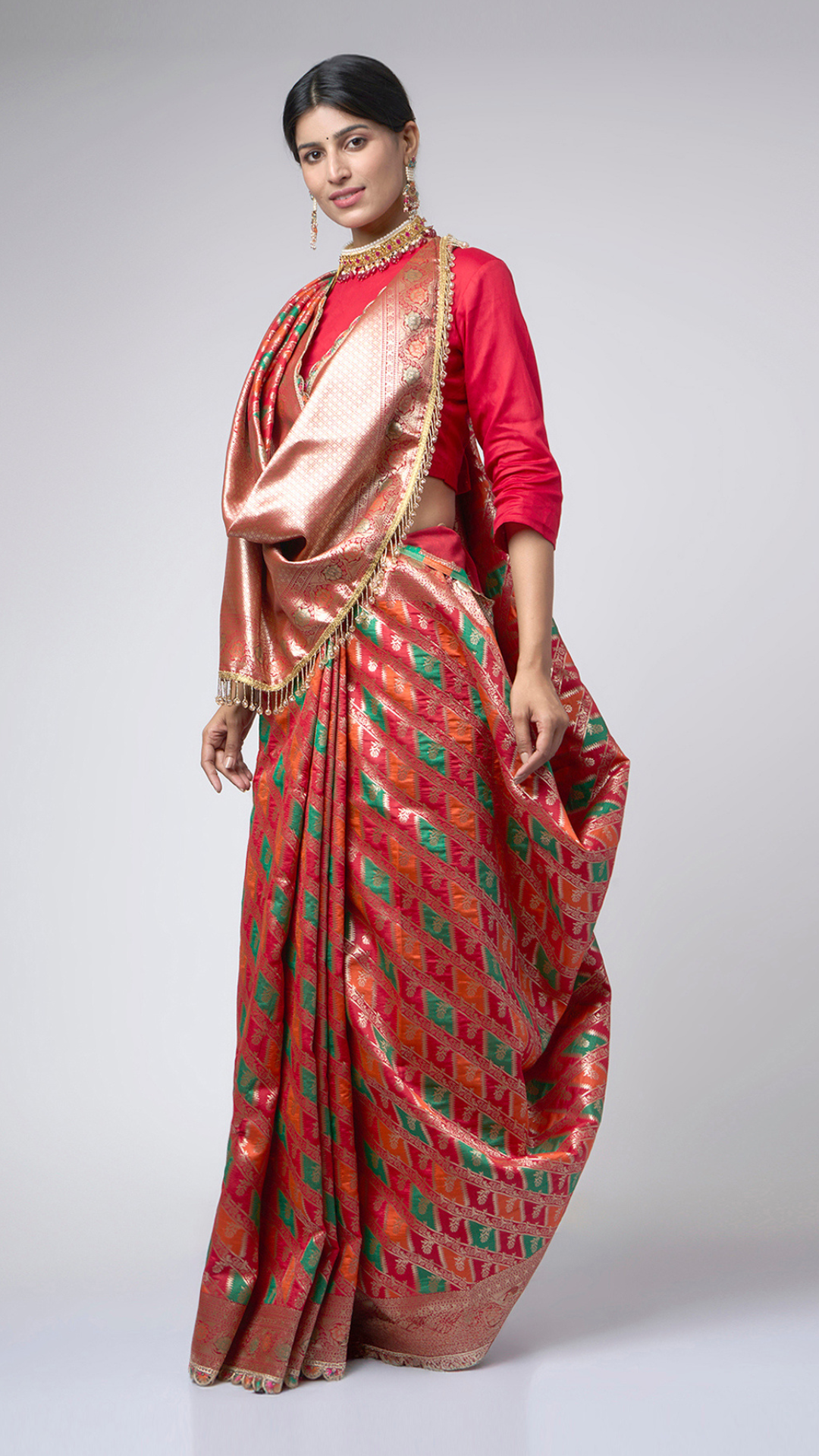 Rangreza – Red Rangkat Saree with Multicolor Patterns & Gold Zari - Zahrat Saree