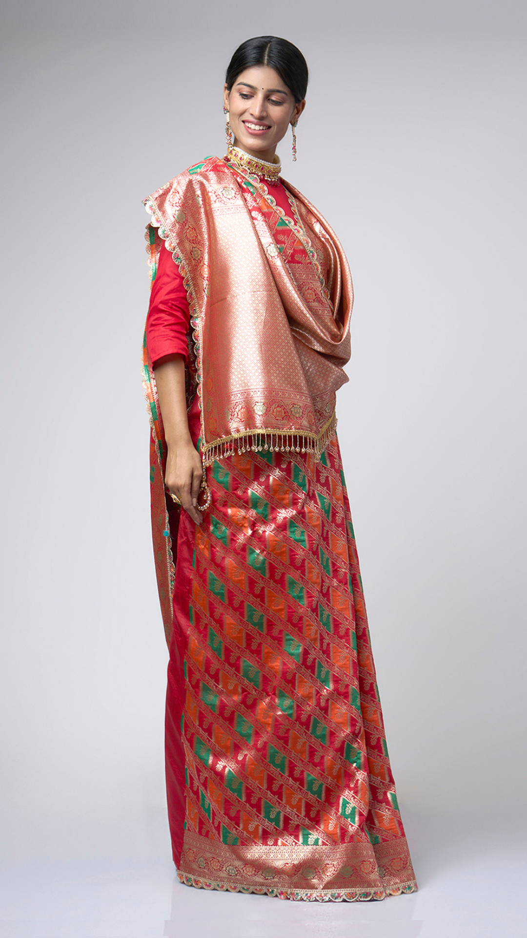 Rangreza – Red Rangkat Saree with Multicolor Patterns & Gold Zari - Zahrat Saree