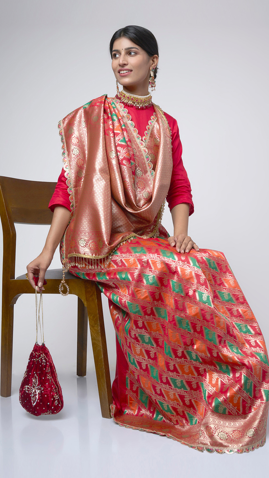 Rangreza – Red Rangkat Saree with Multicolor Patterns & Gold Zari - Zahrat Saree