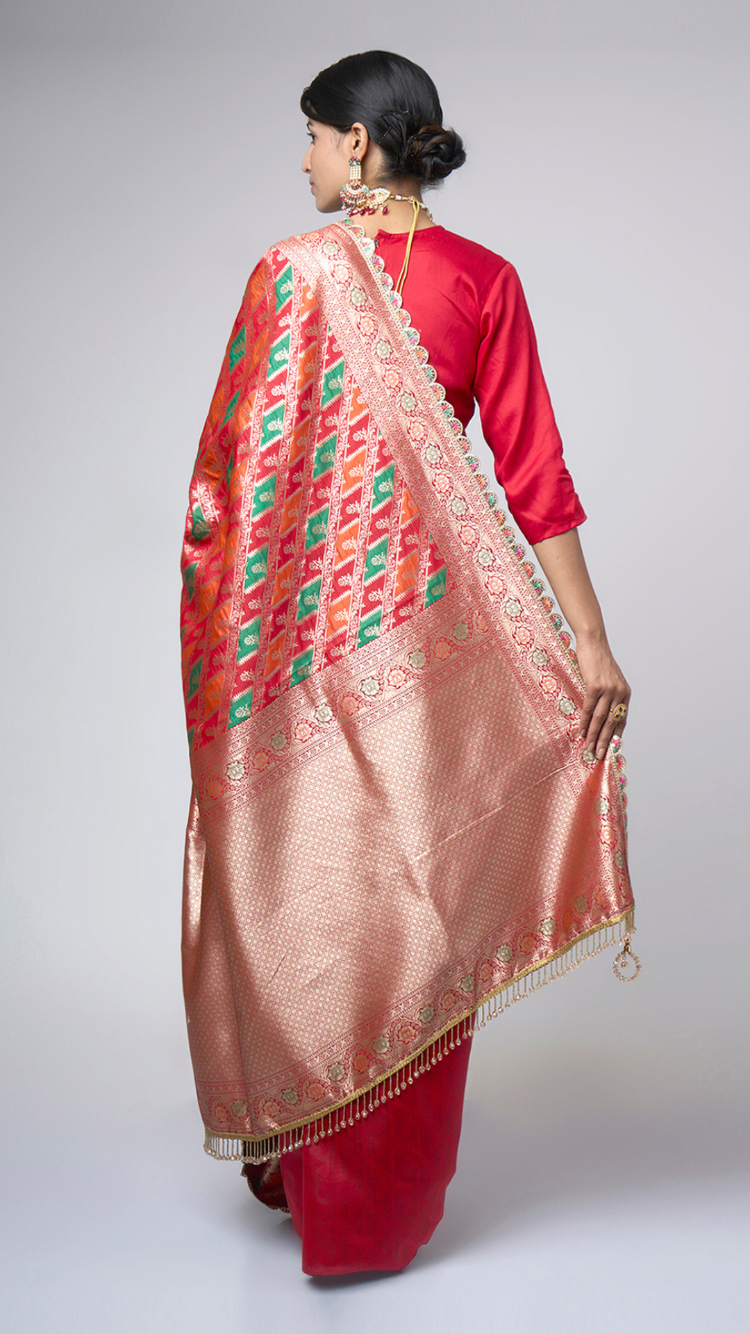 Rangreza – Red Rangkat Saree with Multicolor Patterns & Gold Zari - Zahrat Saree