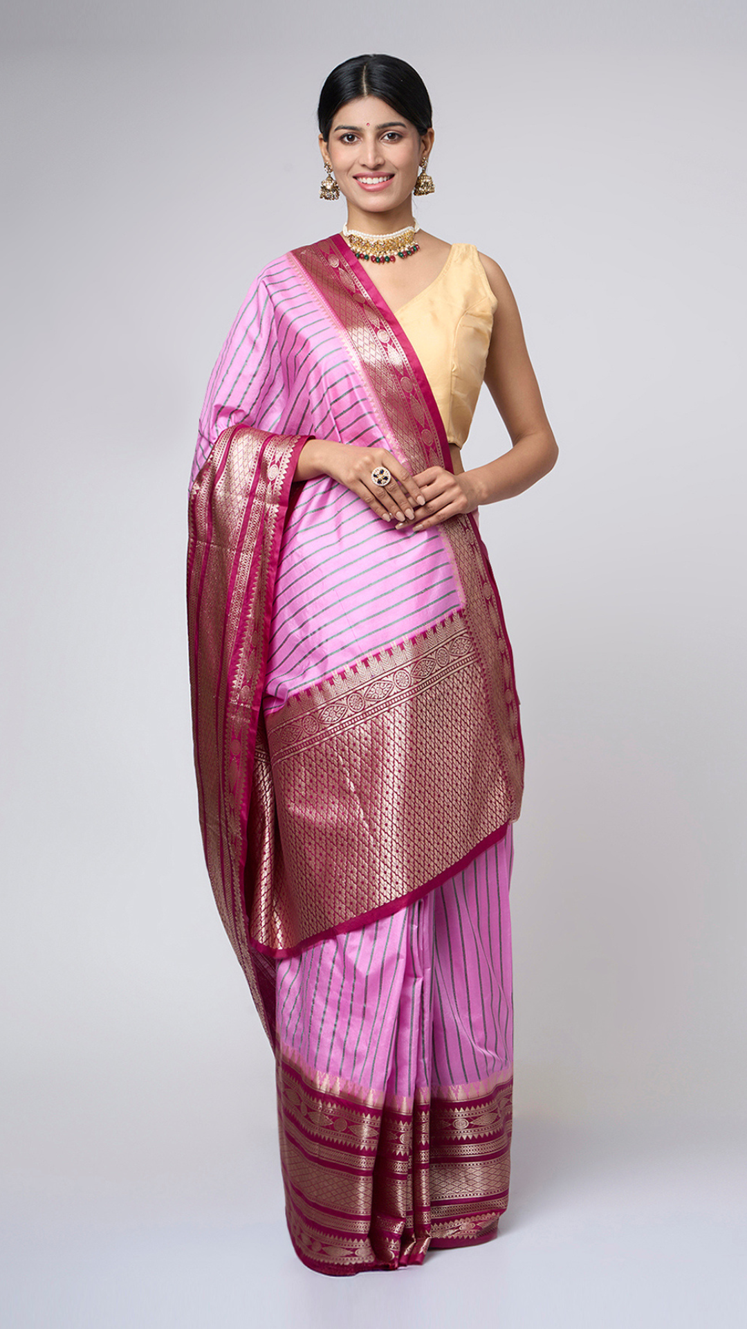 Ruhika - Pink silk blend saree with gold - silver zari - Zahrat Saree