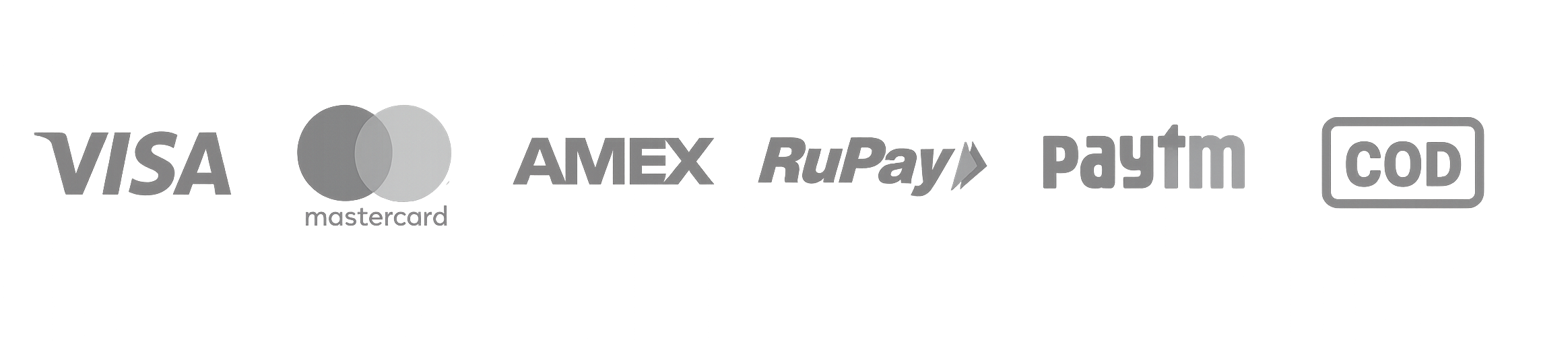 Logos of Visa, Mastercard, AMEX, RuPay, Paytm, and COD on a white background