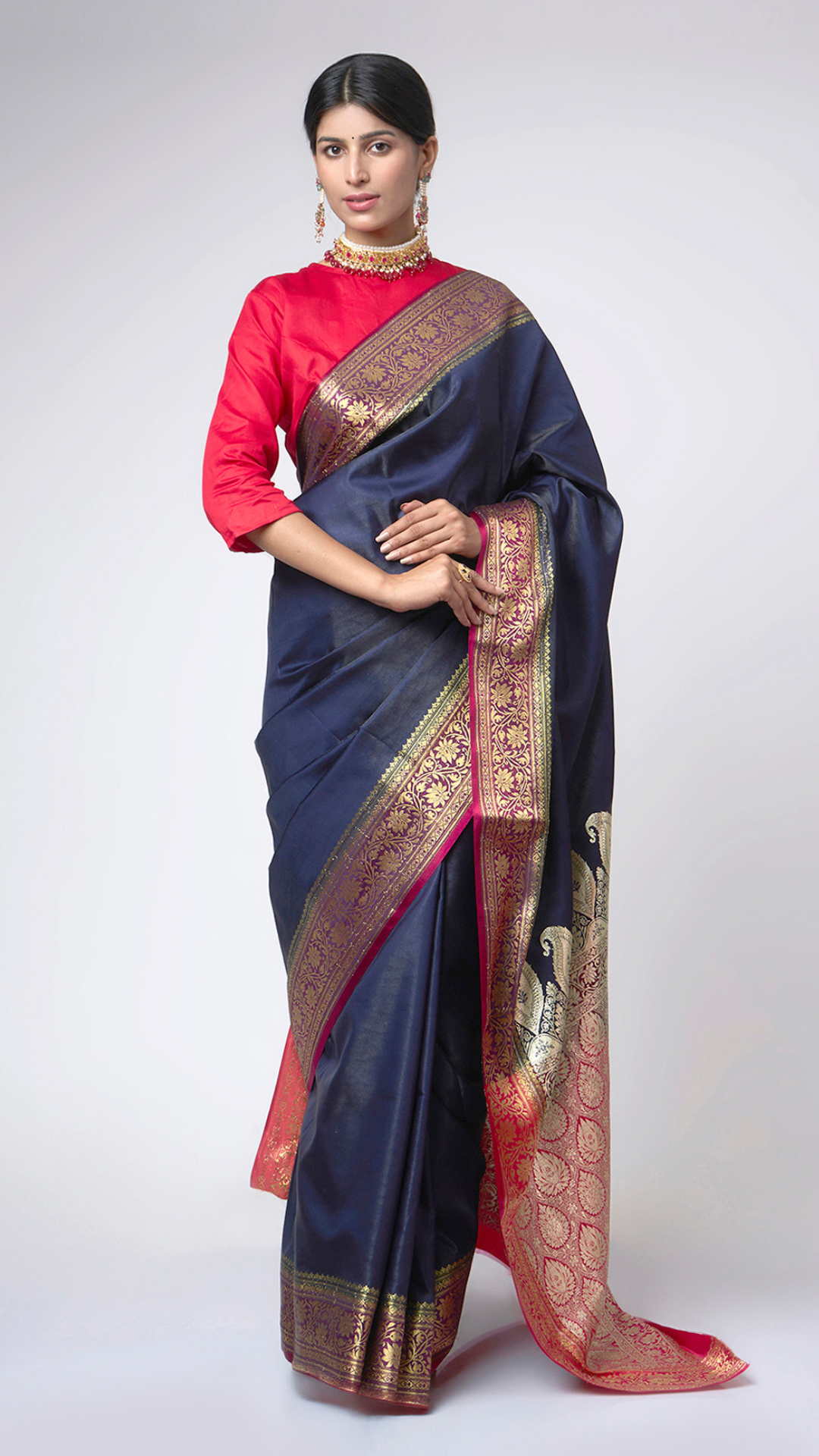 Shaam - e - Banaras: Navy Blue Saree with Banarasi Zari Border - Zahrat Saree