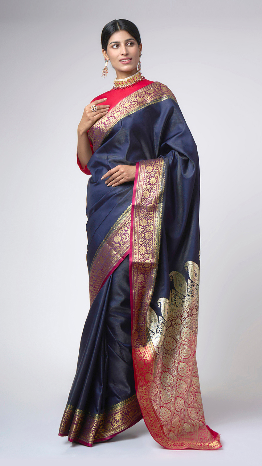 Shaam - e - Banaras: Navy Blue Saree with Banarasi Zari Border - Zahrat Saree