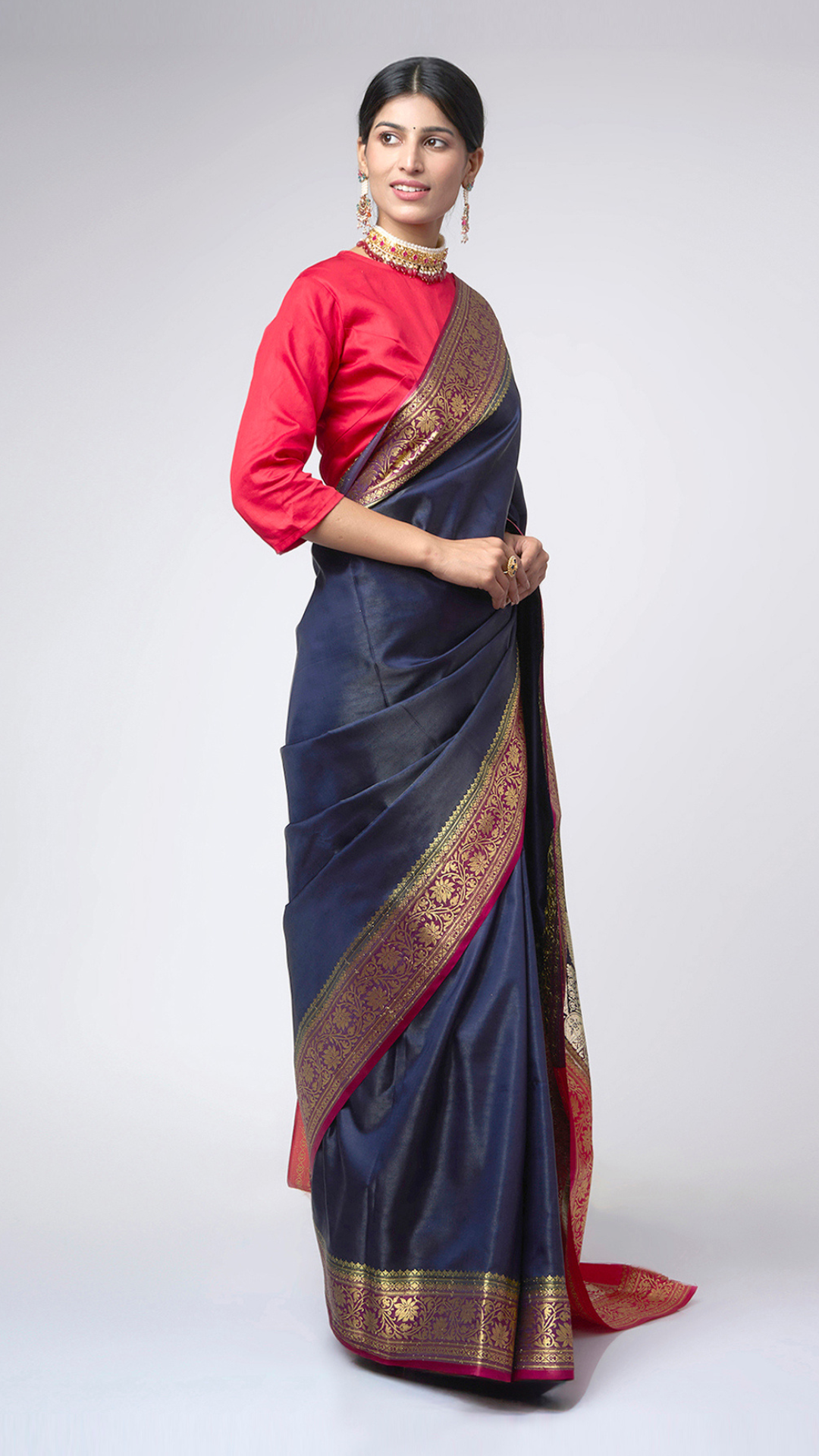 Shaam - e - Banaras: Navy Blue Saree with Banarasi Zari Border - Zahrat Saree