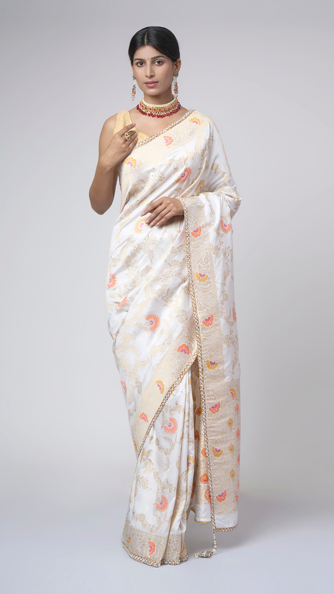 Sonali Phool – White Meenakari Saree with Orange Blossom - Zahrat Saree