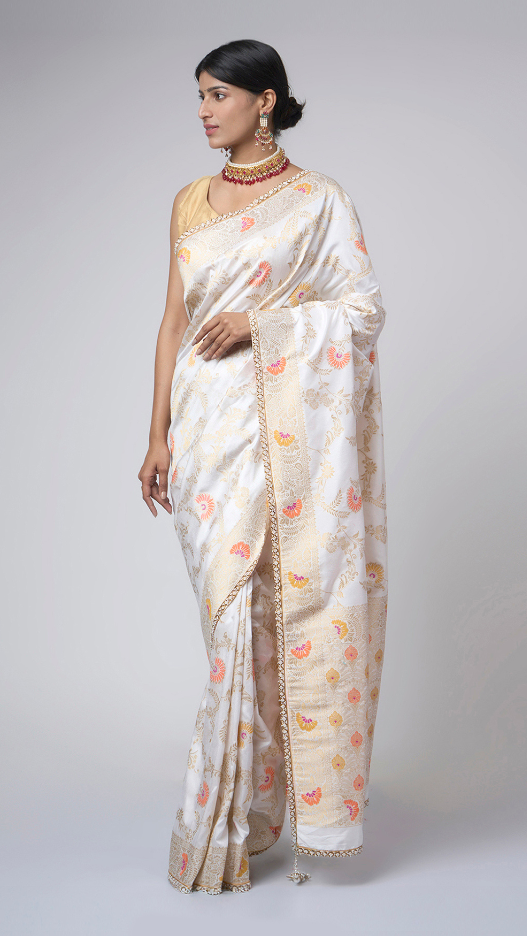 Sonali Phool – White Meenakari Saree with Orange Blossom - Zahrat Saree