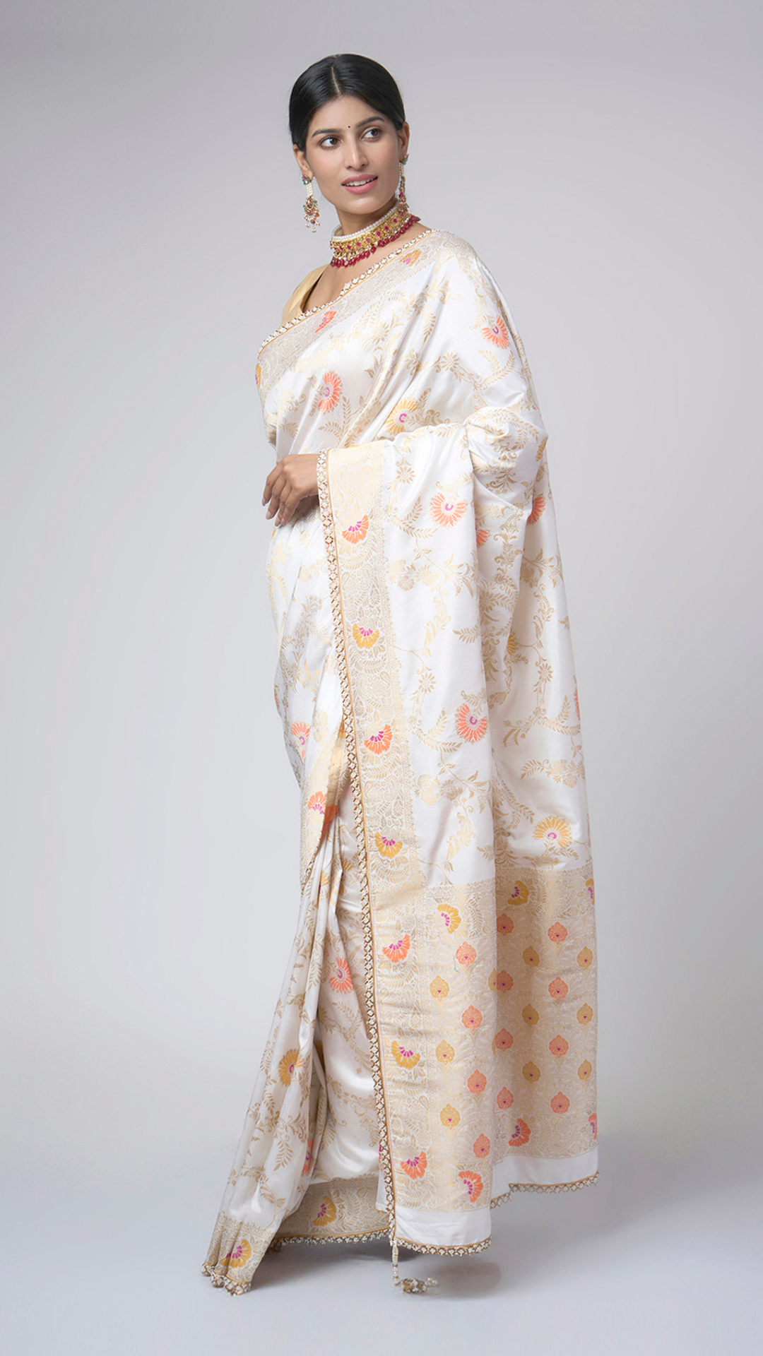 Sonali Phool – White Meenakari Saree with Orange Blossom - Zahrat Saree