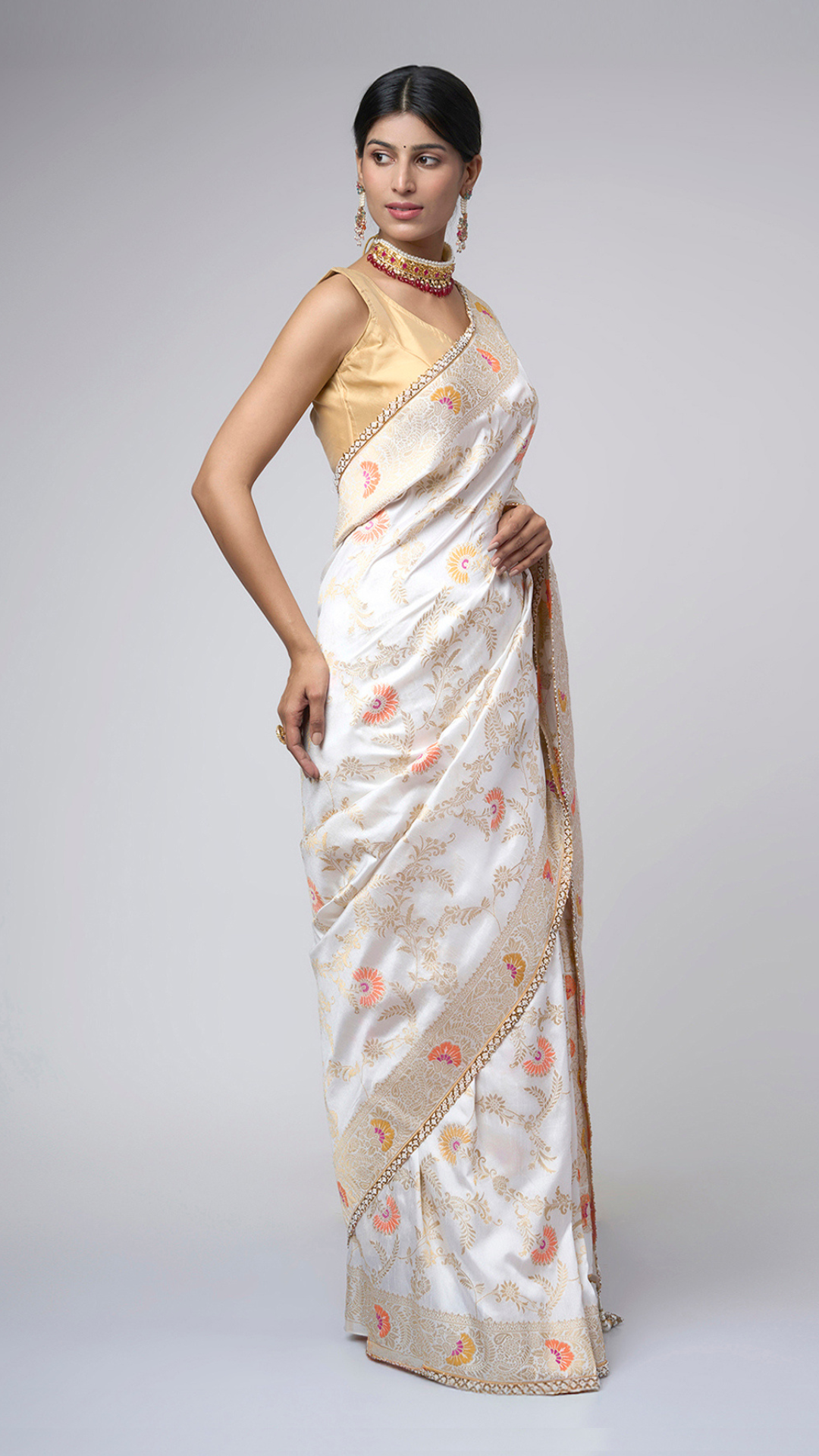 Sonali Phool – White Meenakari Saree with Orange Blossom - Zahrat Saree