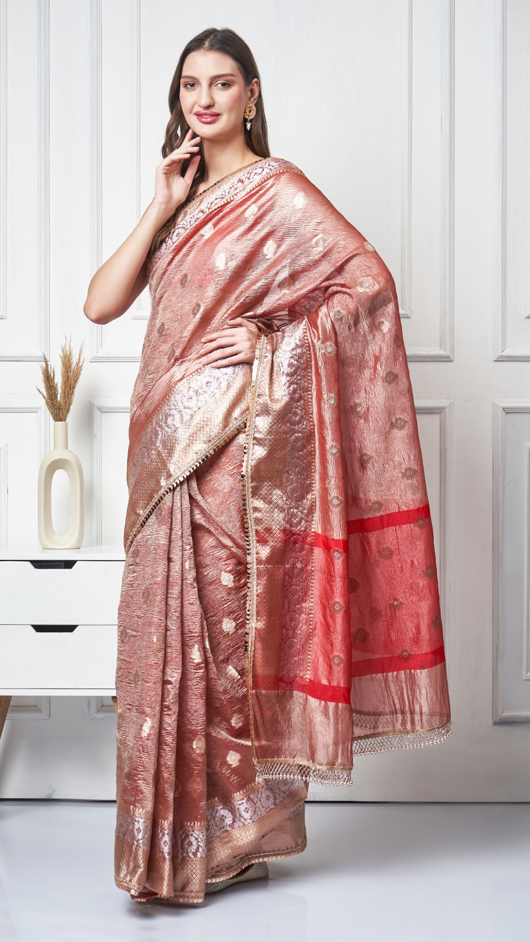 Suroor — Copper Red Crushed Tissue Saree by Zahrat.