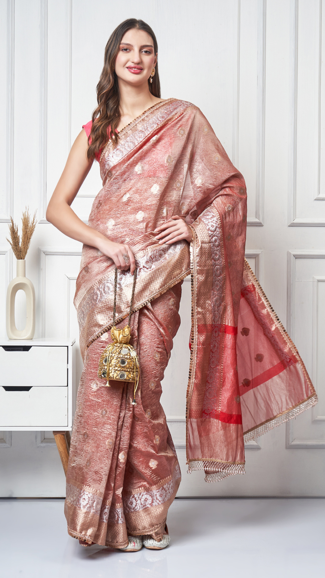 Suroor — Copper Red Crushed Tissue Saree by Zahrat.