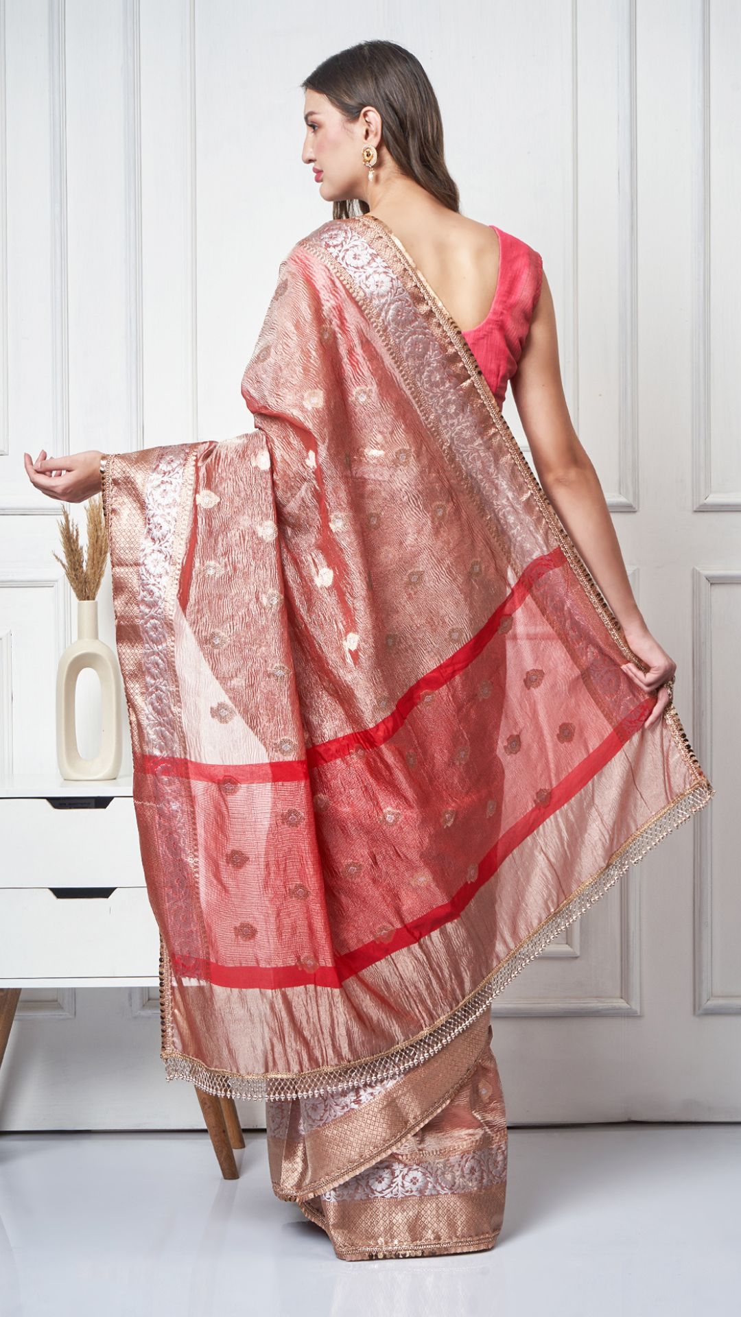 Suroor — Copper Red Crushed Tissue Saree by Zahrat.