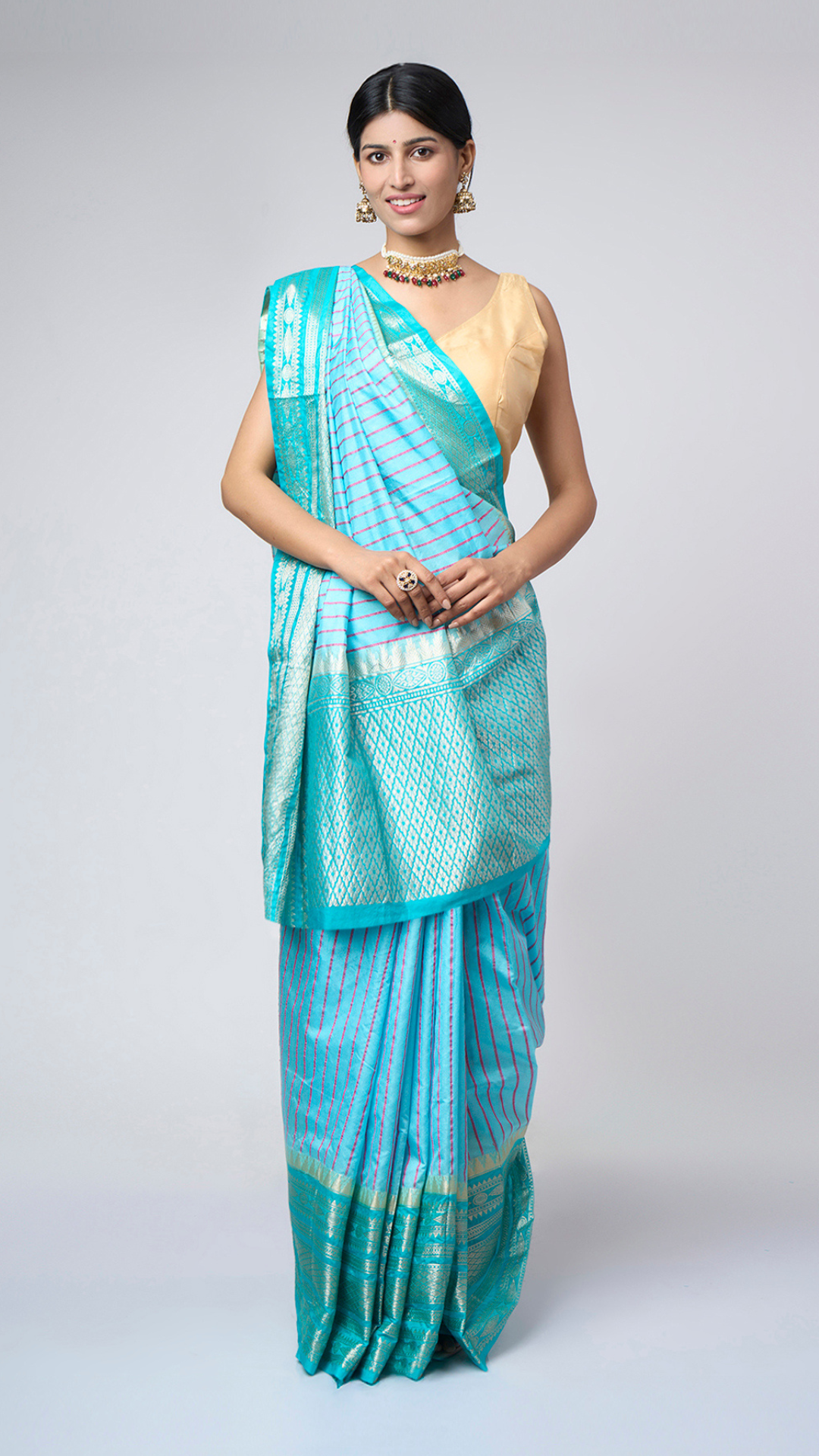 Taruja - Striped Sky blue silk blend saree with silver zari border - Zahrat Saree
