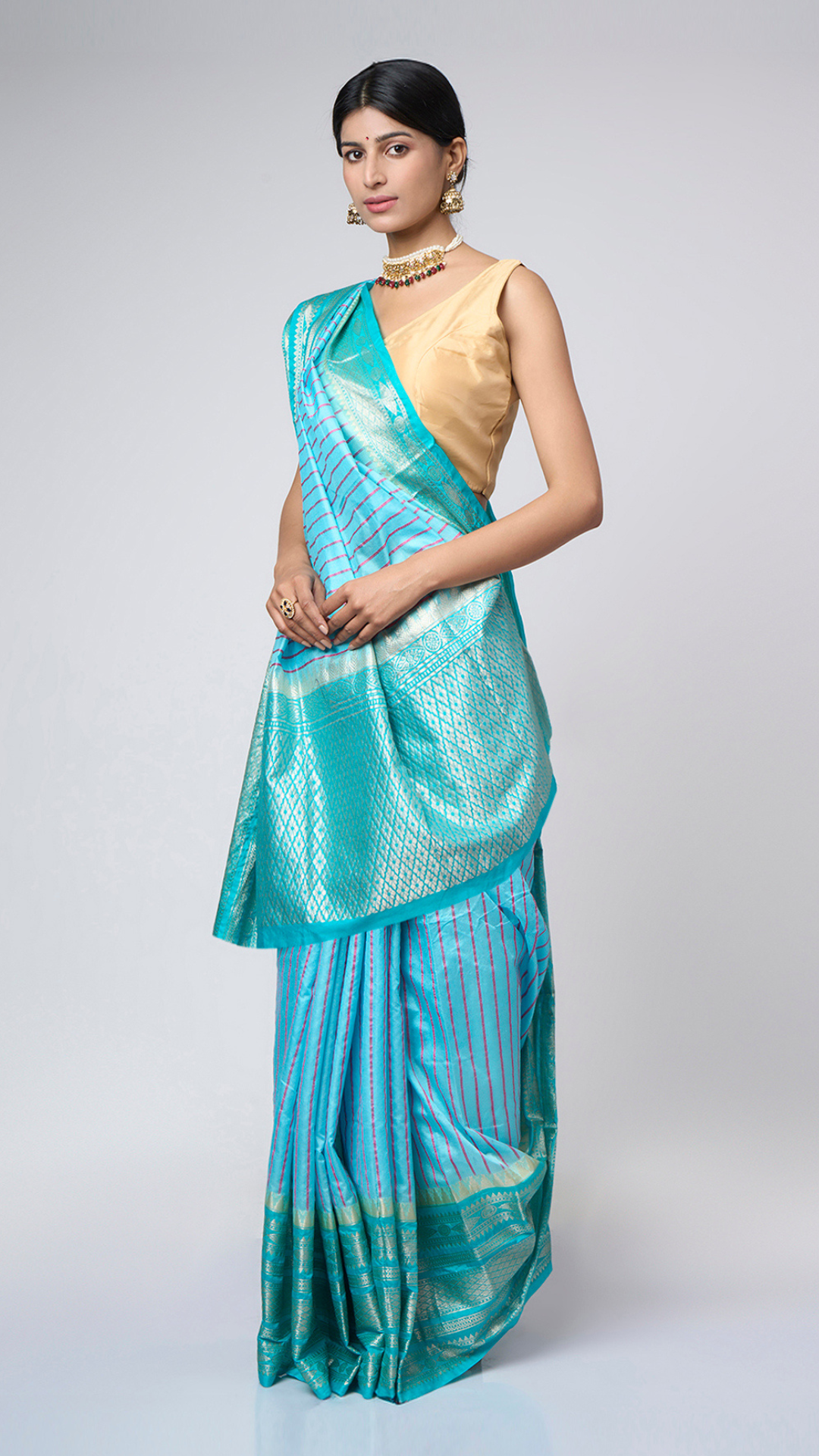 Taruja - Striped Sky blue silk blend saree with silver zari border - Zahrat Saree