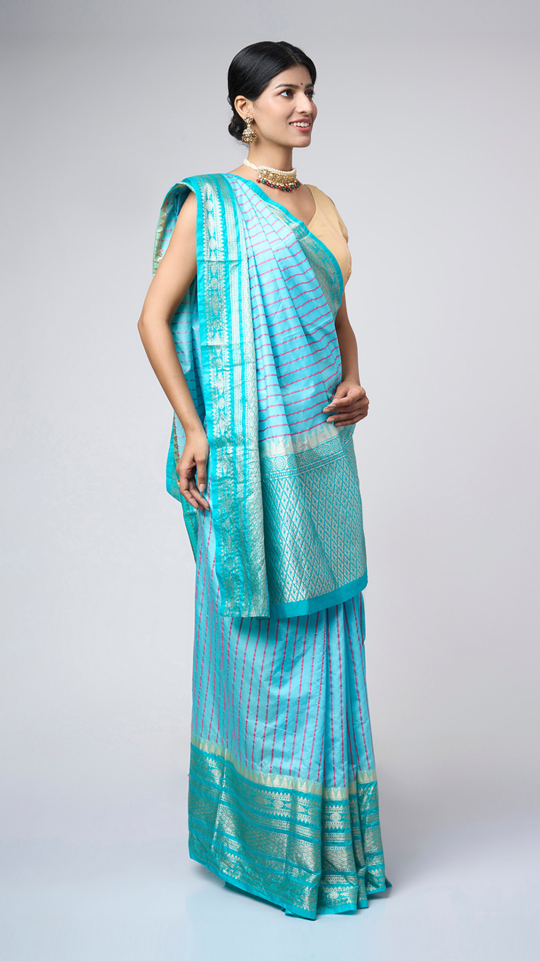 Taruja - Striped Sky blue silk blend saree with silver zari border - Zahrat Saree