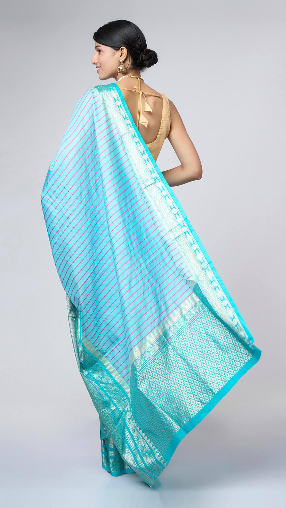 Taruja - Striped Sky blue silk blend saree with silver zari border - Zahrat Saree