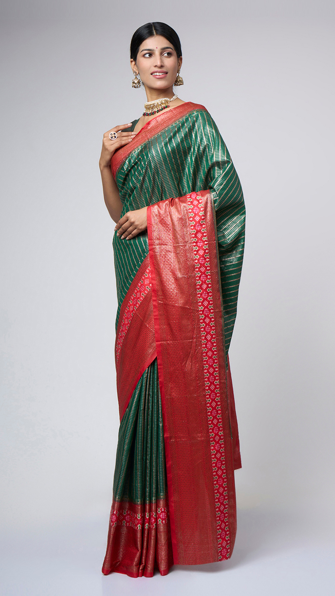 Vermaya - Green silk blend saree with red zari accents - Zahrat Saree