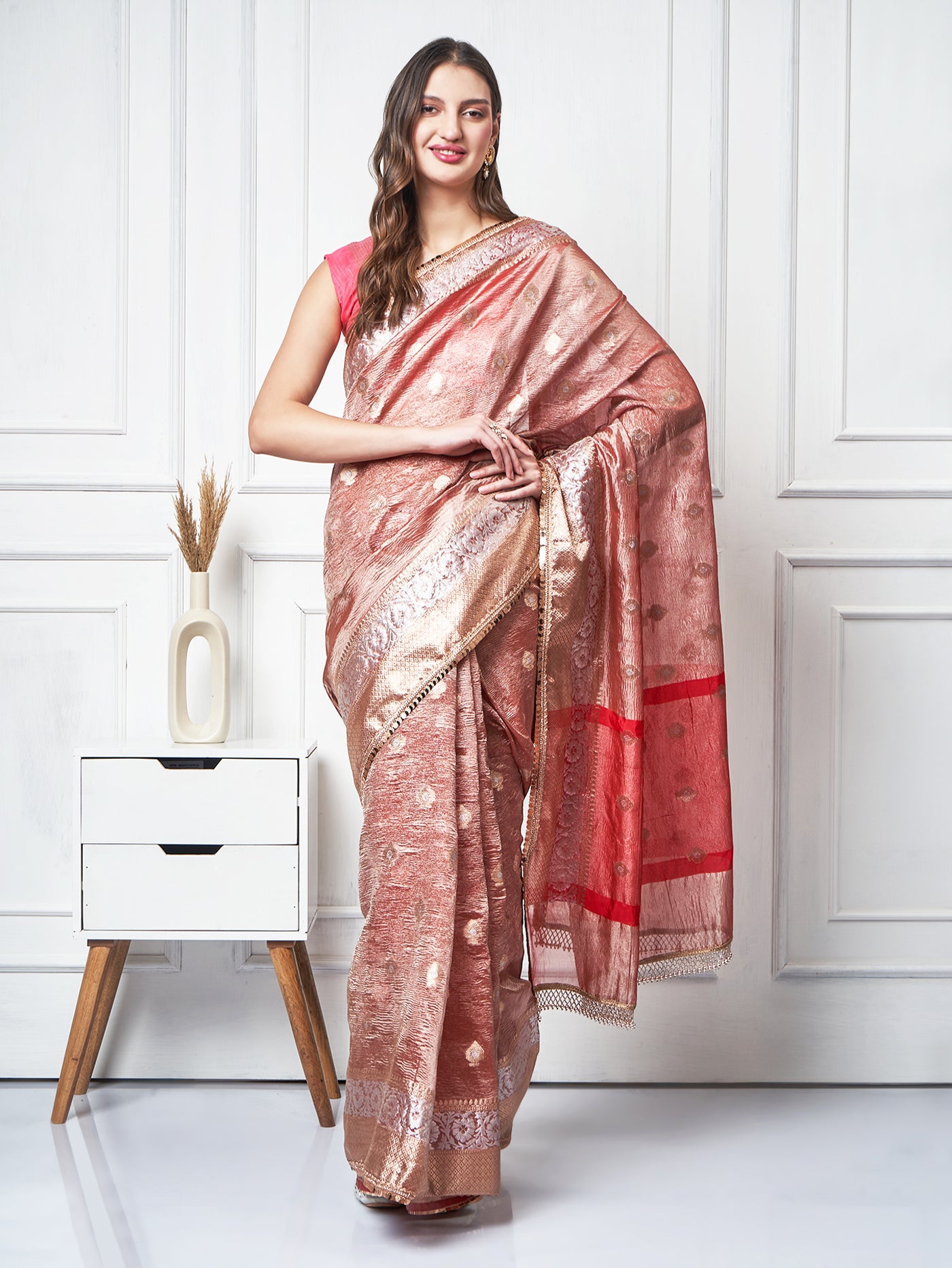 Suroor — Copper Red Crushed Tissue Saree - ZahratSaree