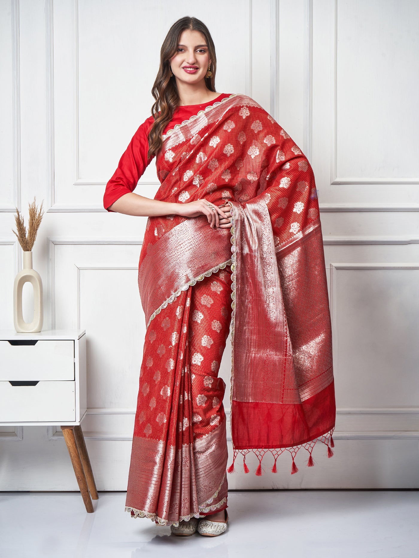 Meira – Red Check Zari Booti Saree - ZahratSaree