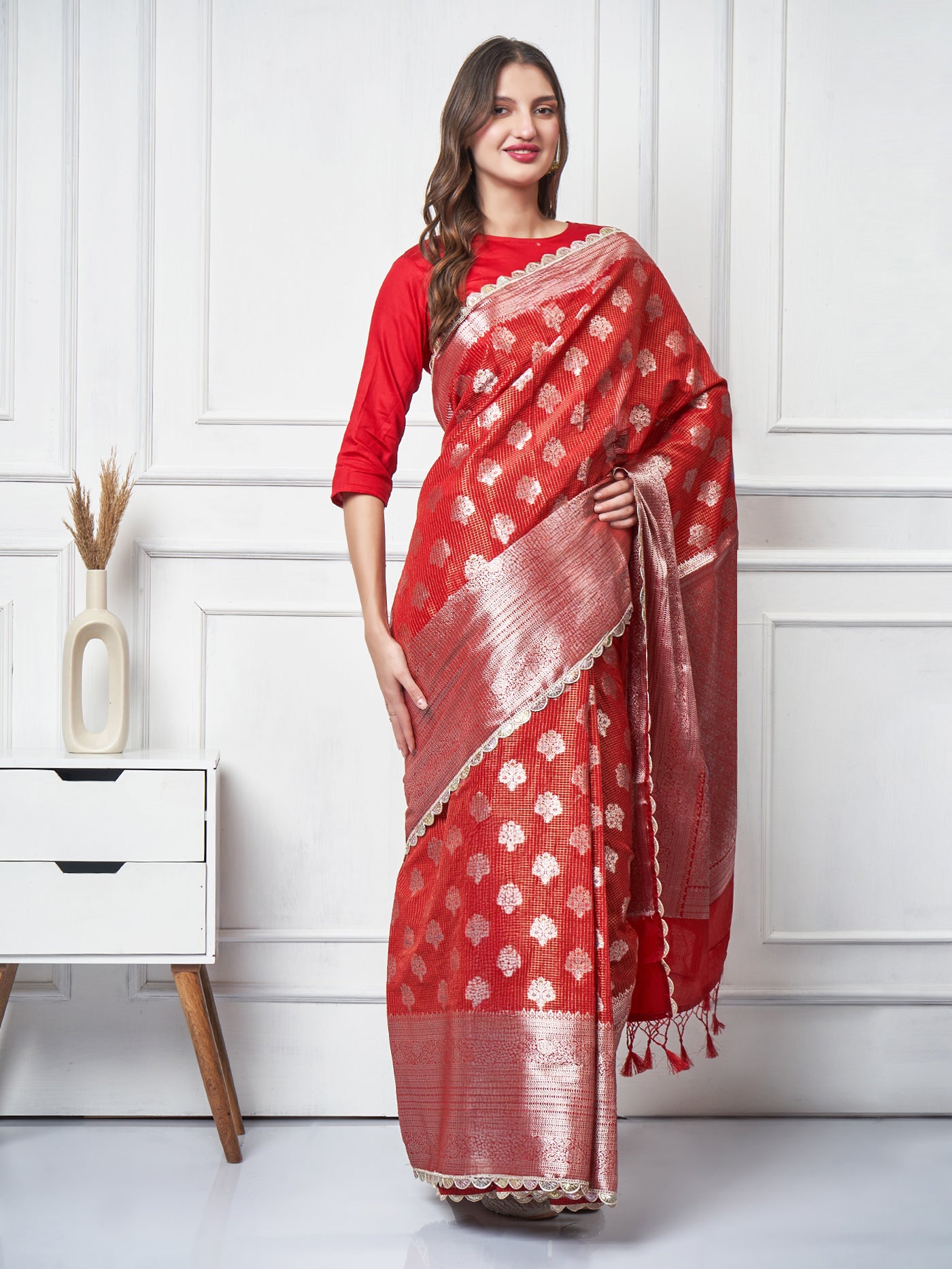 Meira – Red Check Zari Booti Saree - ZahratSaree