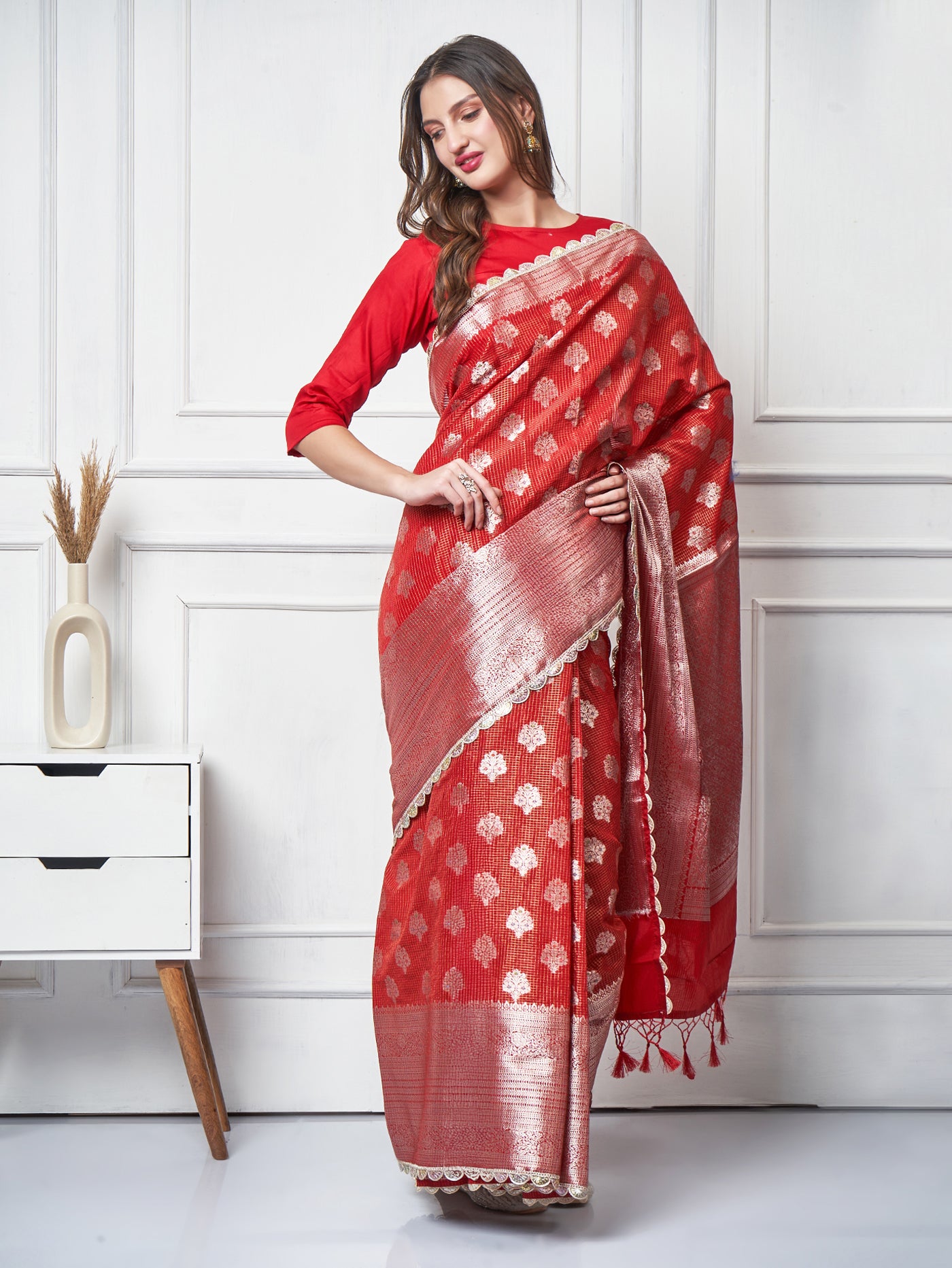 Meira – Red Check Zari Booti Saree - ZahratSaree