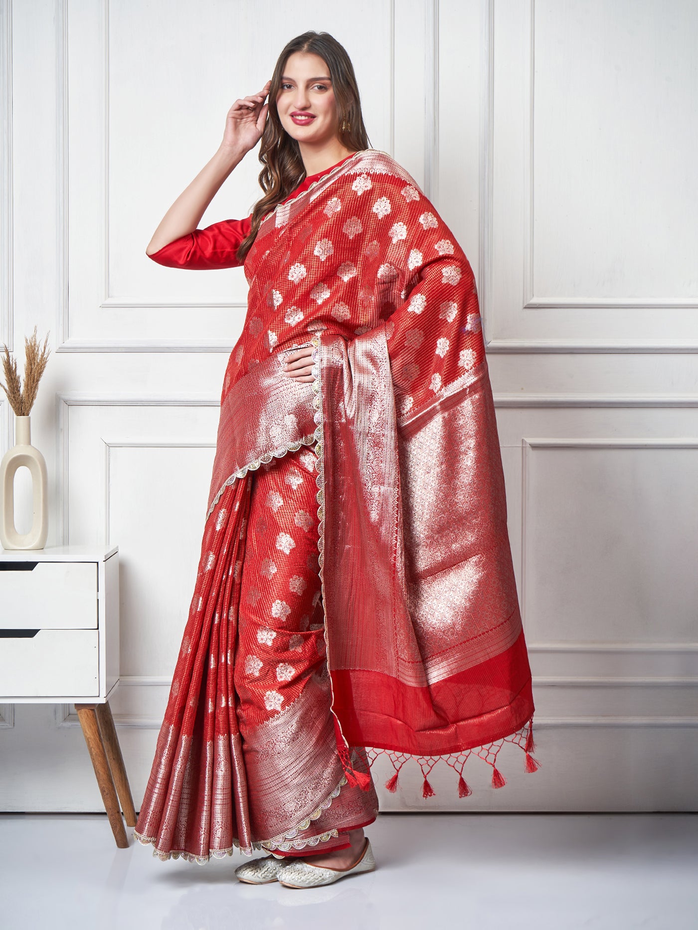 Meira – Red Check Zari Booti Saree - ZahratSaree