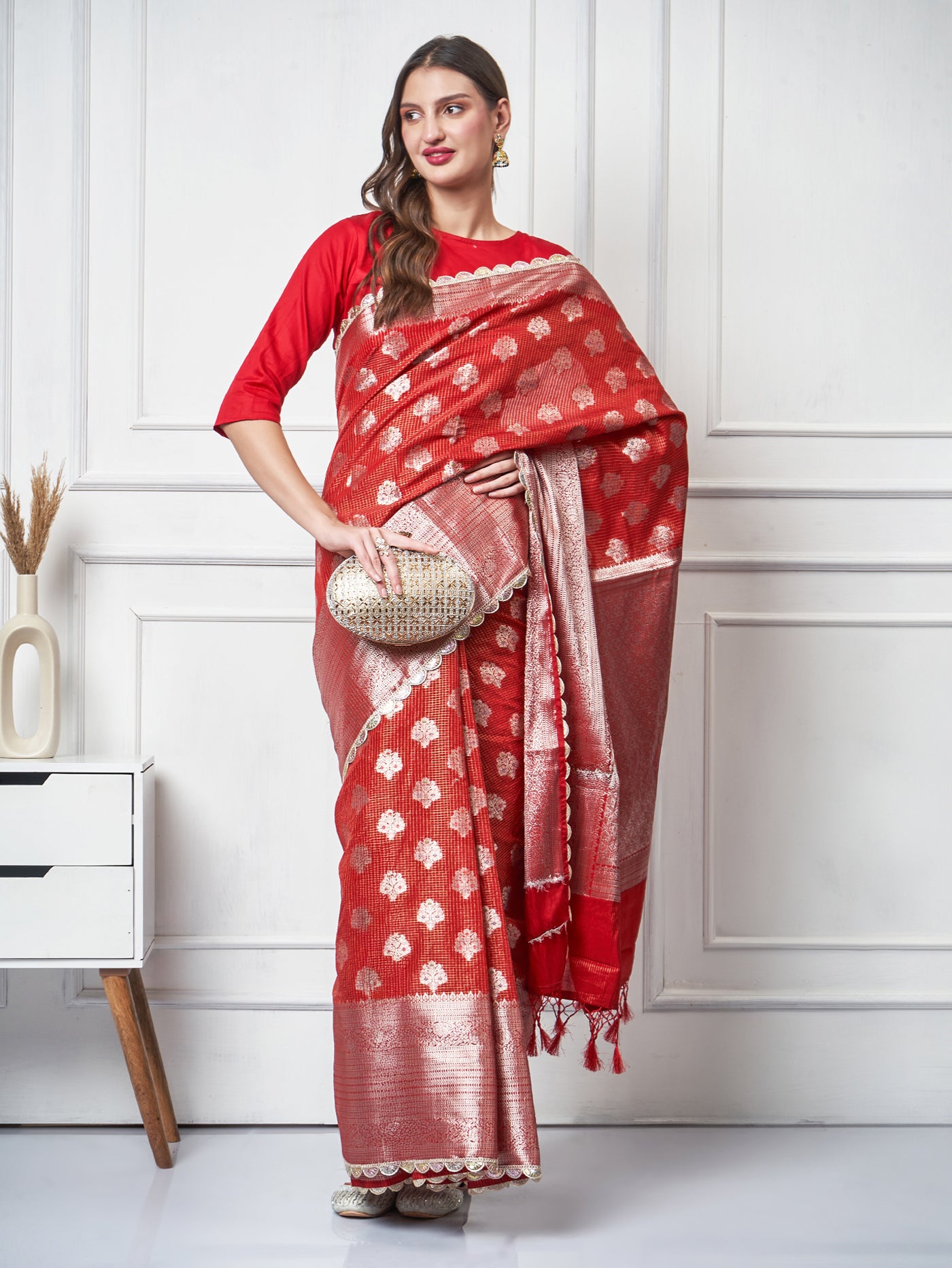 Meira – Red Check Zari Booti Saree - ZahratSaree