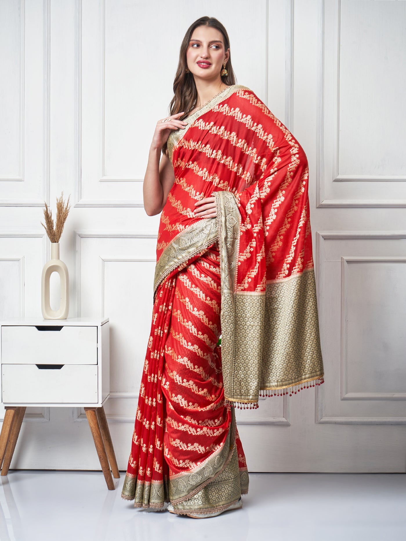 Sitara – Red Ada Semi Chiffon Saree - ZahratSaree