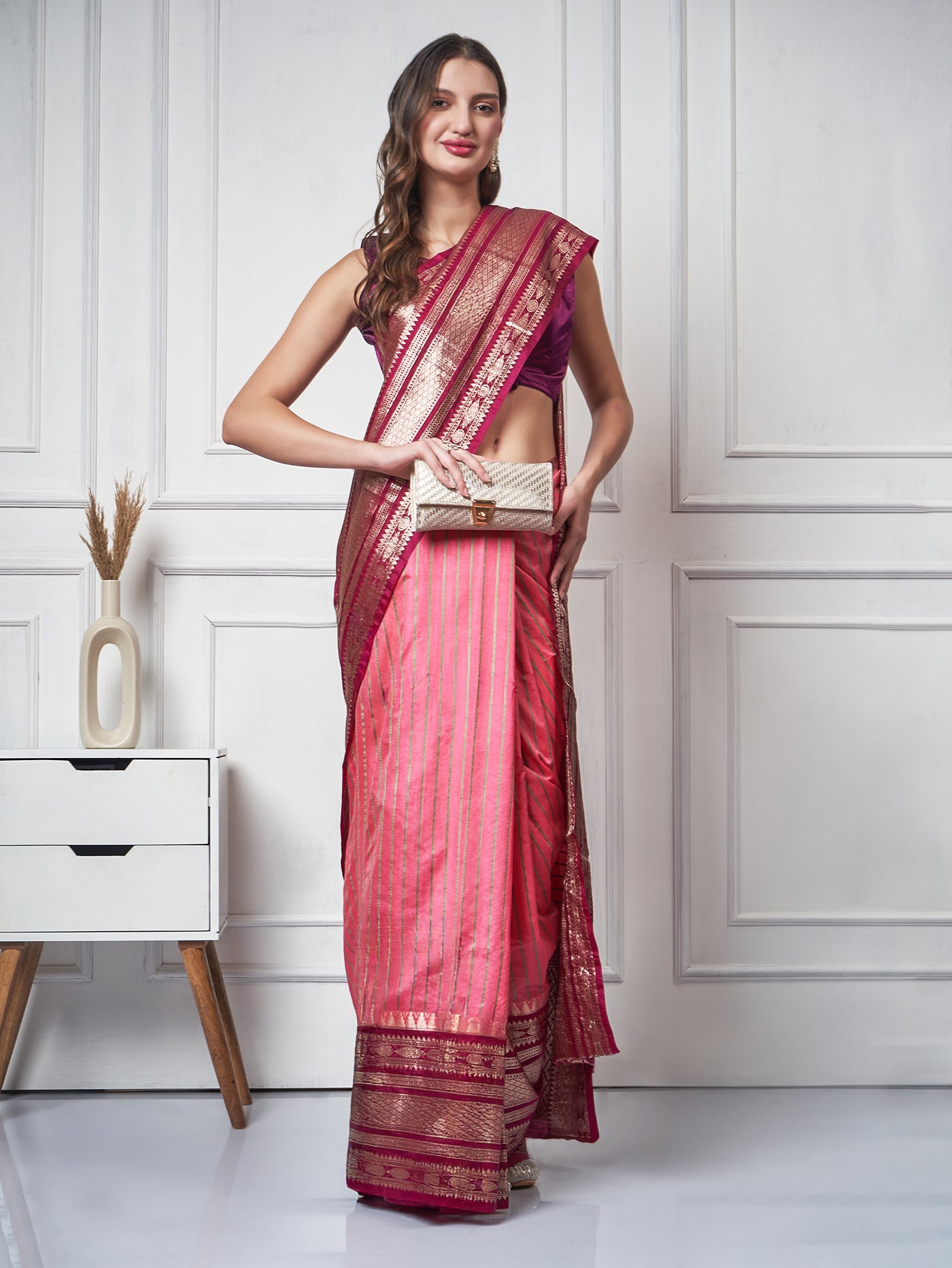 Inaaya – Peach Maroon Silk - Blend Saree - ZahratSaree