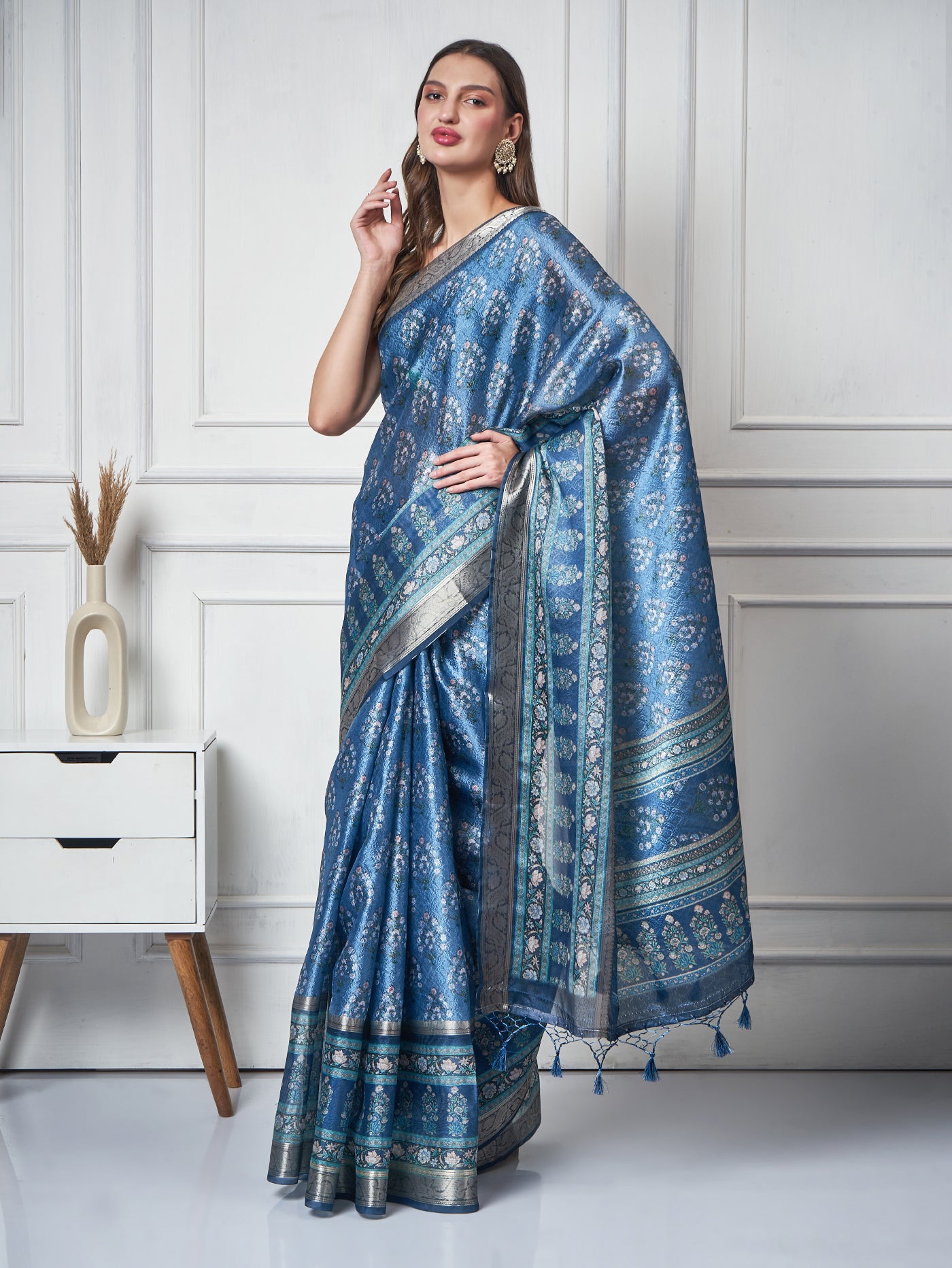 Ameera – Azure Flora Printed Saree - ZahratSaree