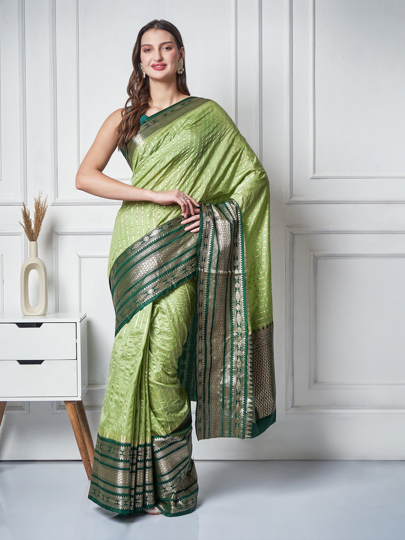 Olive Aura - Pistachio - Olive Green Silk - Blend Saree - ZahratSaree