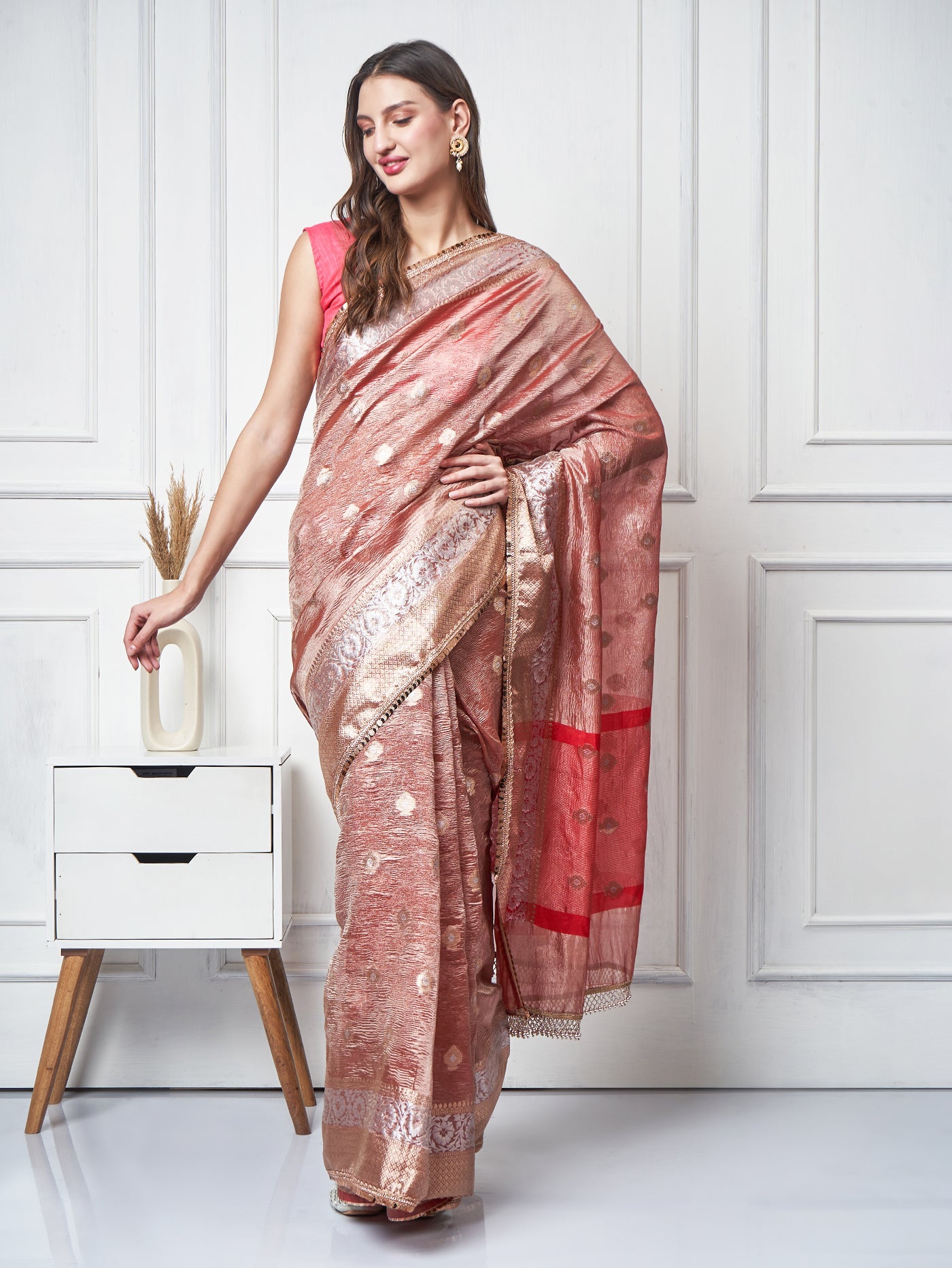 Suroor — Copper Red Crushed Tissue Saree - ZahratSaree