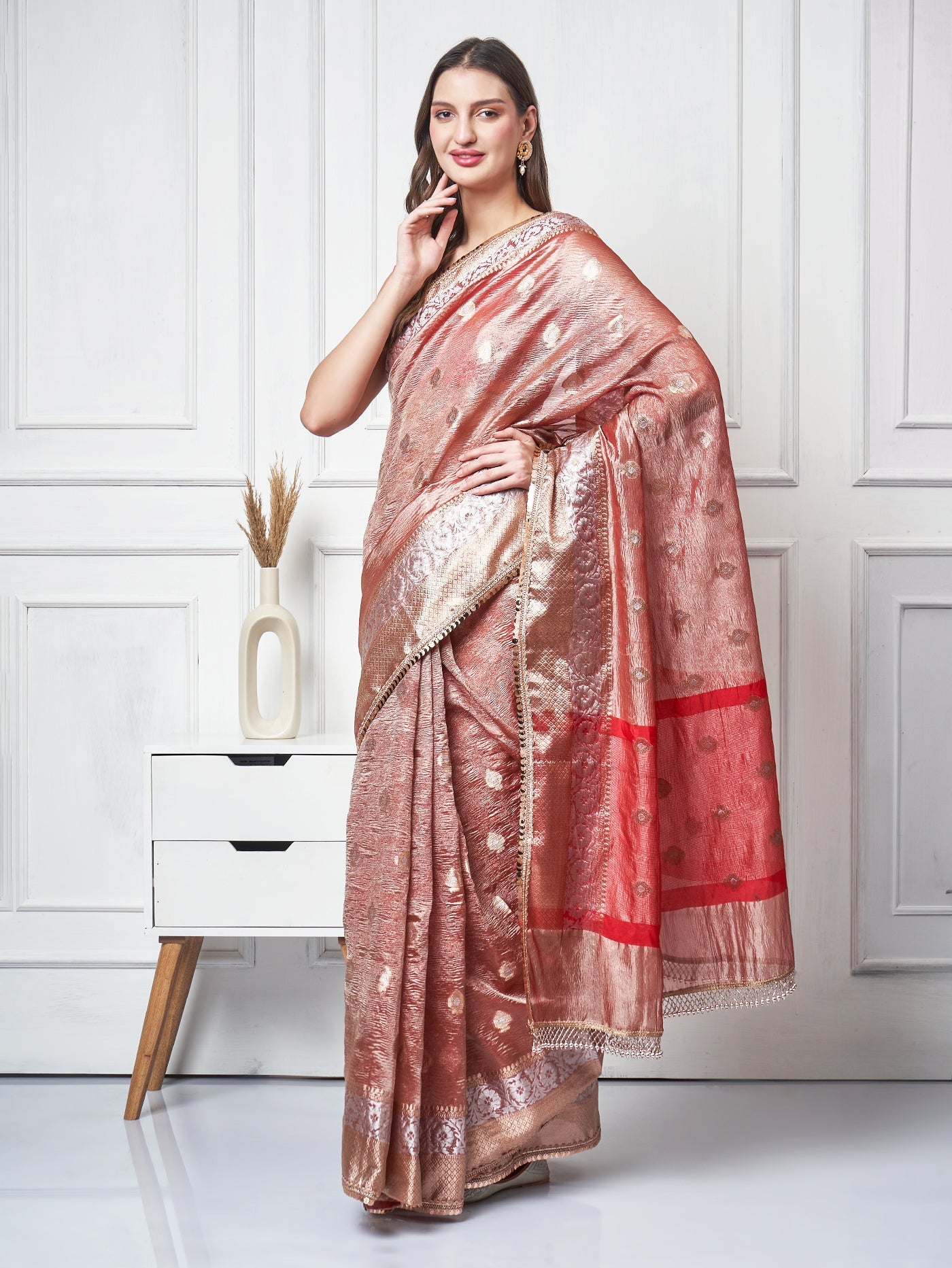 Suroor — Copper Red Crushed Tissue Saree - ZahratSaree
