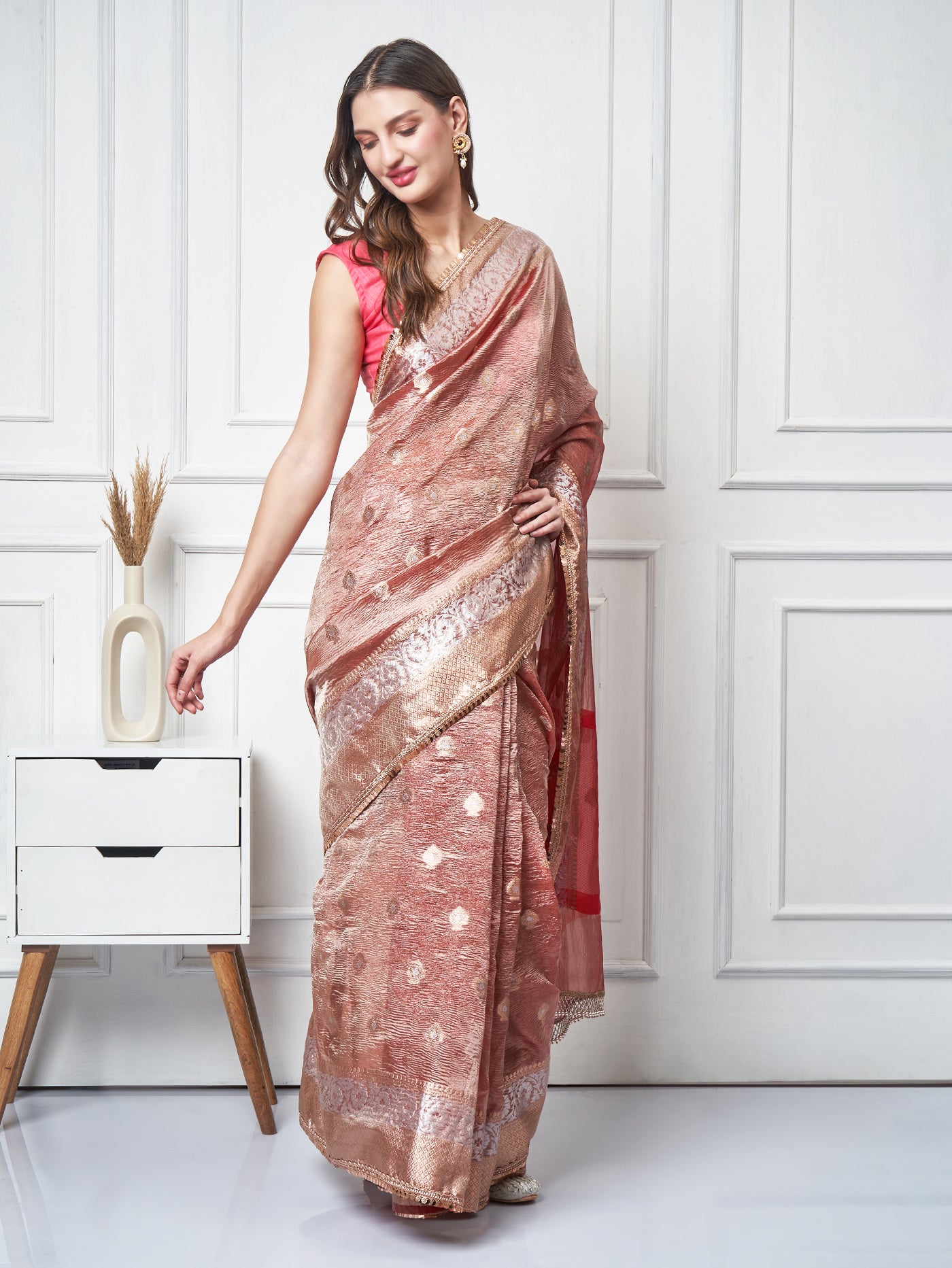 Suroor — Copper Red Crushed Tissue Saree - ZahratSaree