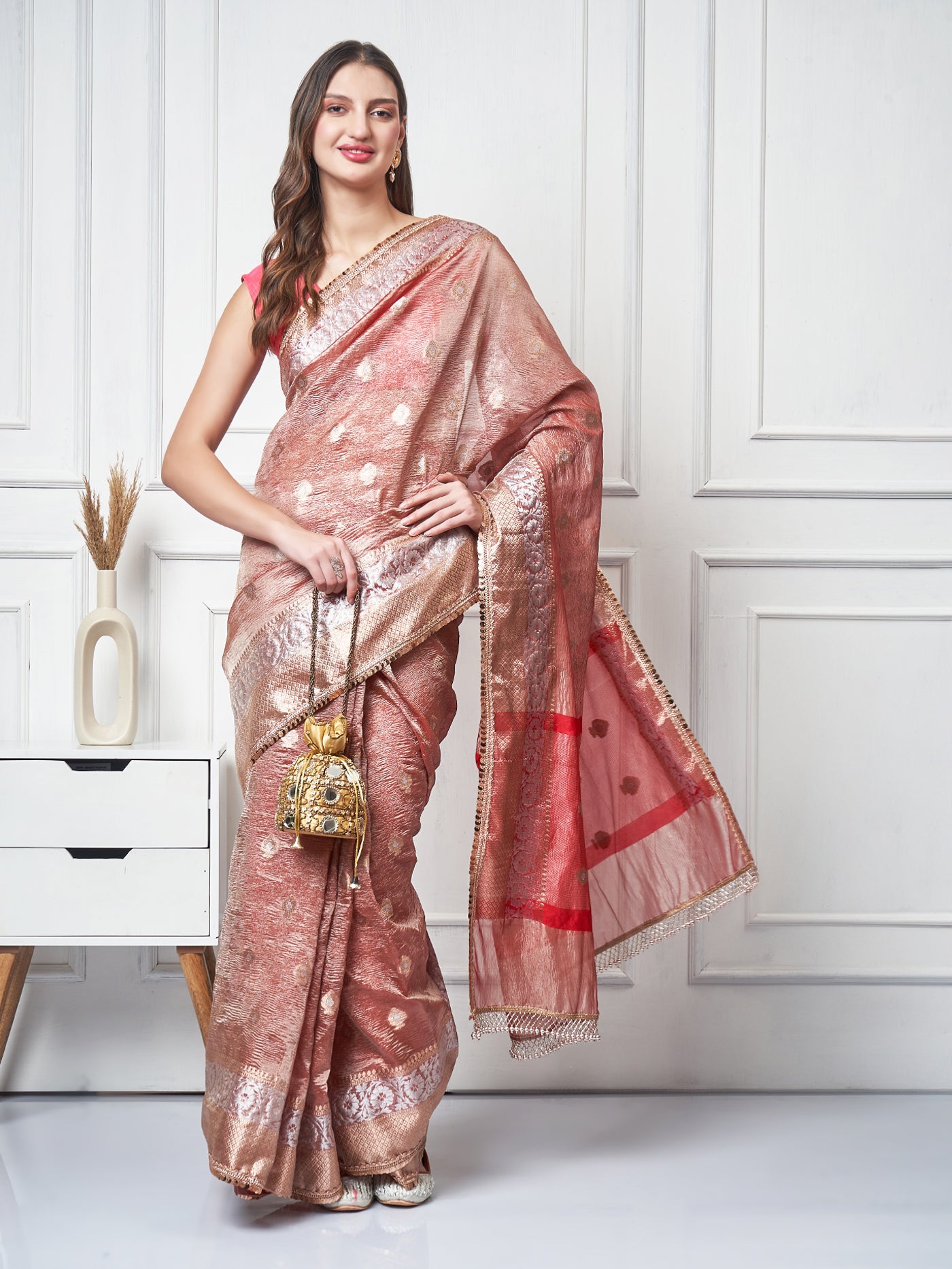 Suroor — Copper Red Crushed Tissue Saree - ZahratSaree