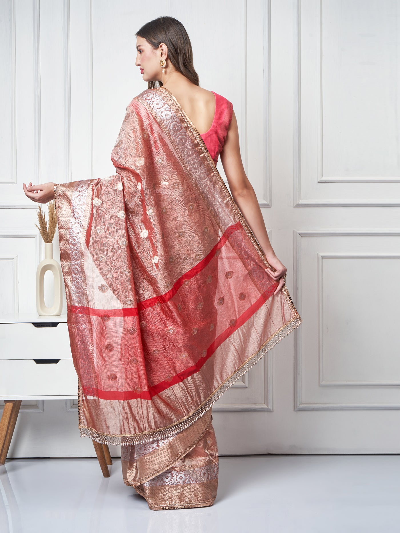 Suroor — Copper Red Crushed Tissue Saree - ZahratSaree