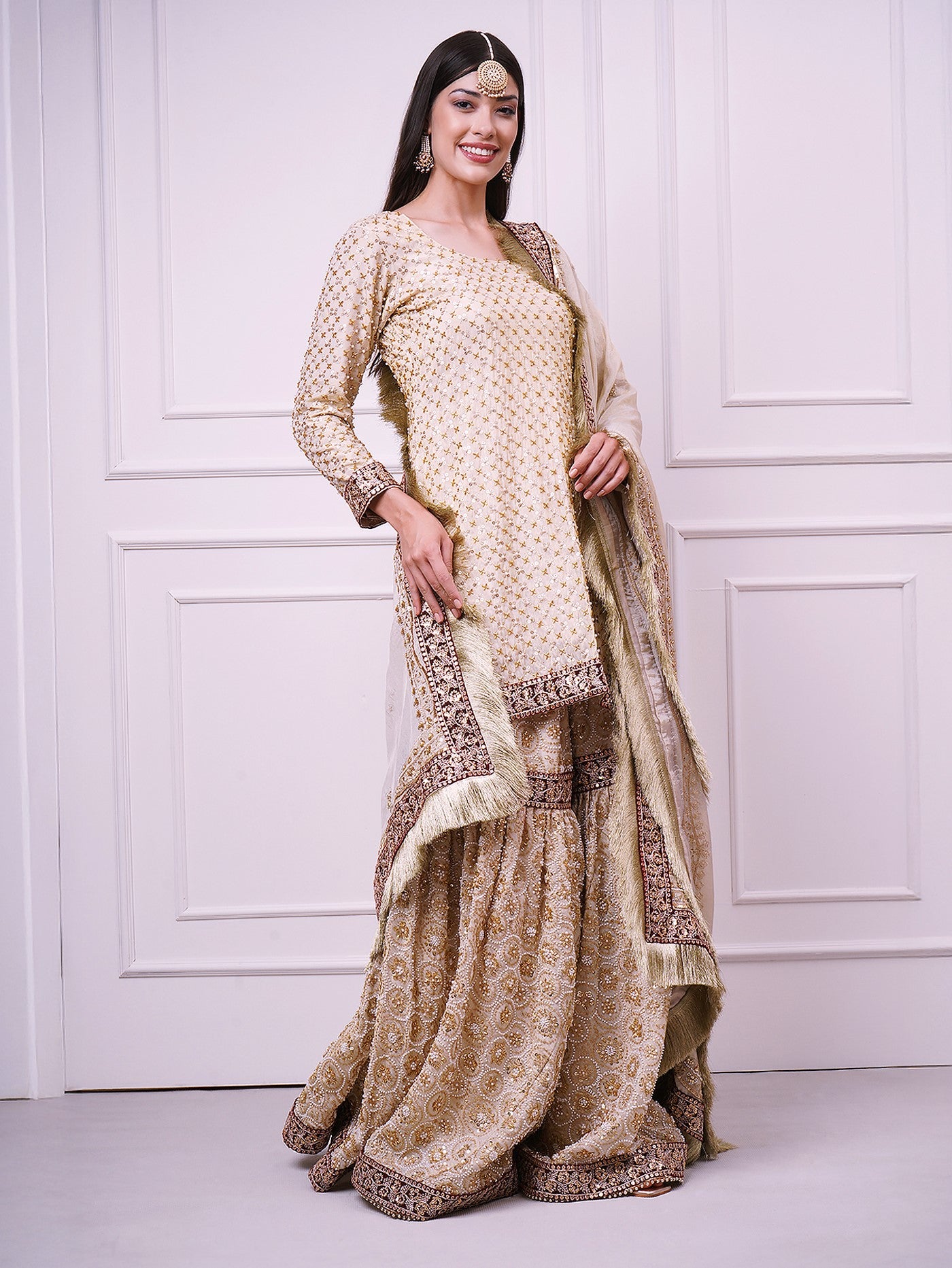 Zarafshan – Champagne Gold Bridal Gharara Set | Wedding & Reception Wear