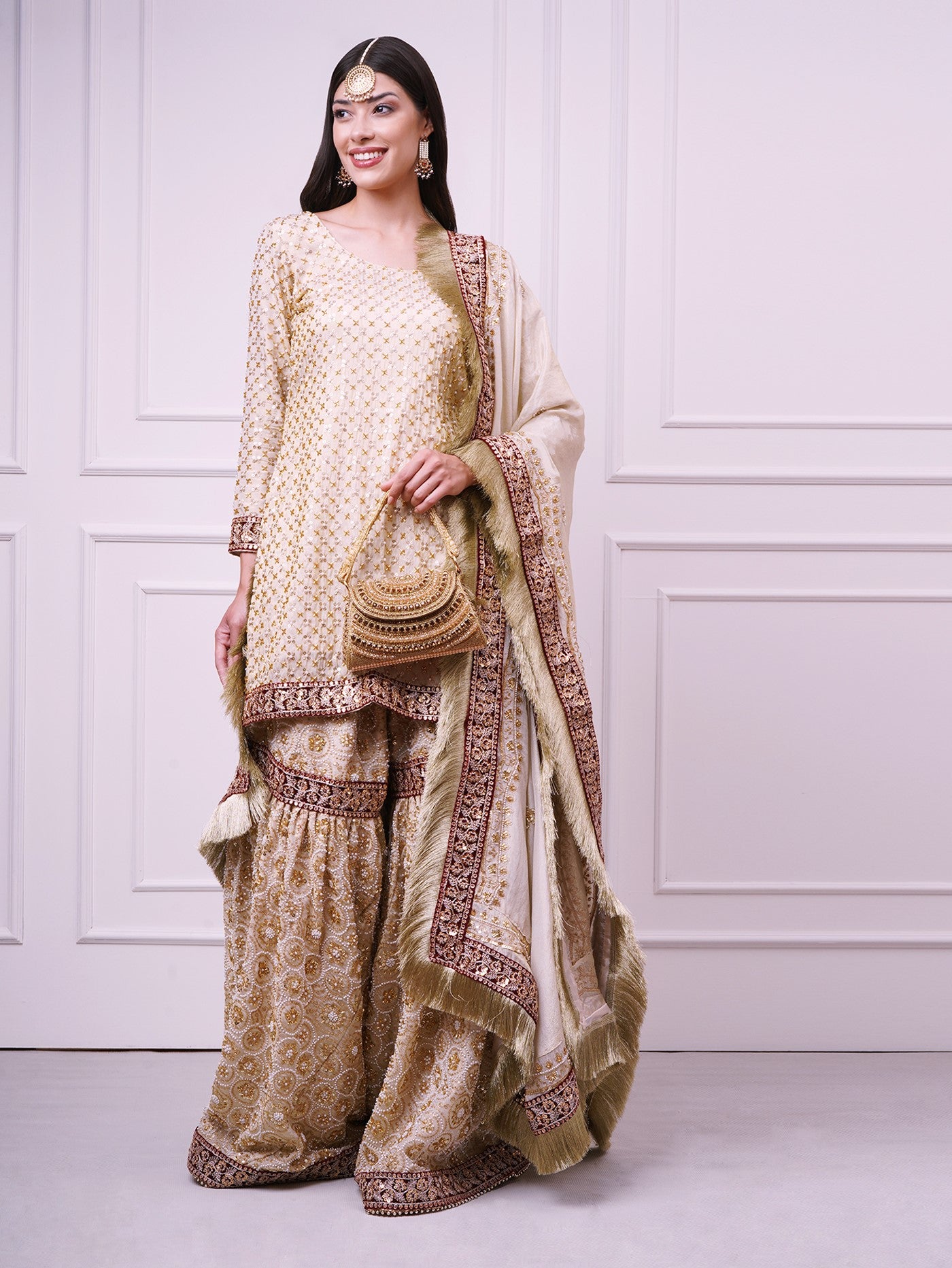 Zarafshan – Champagne Gold Bridal Gharara Set | Wedding & Reception Wear