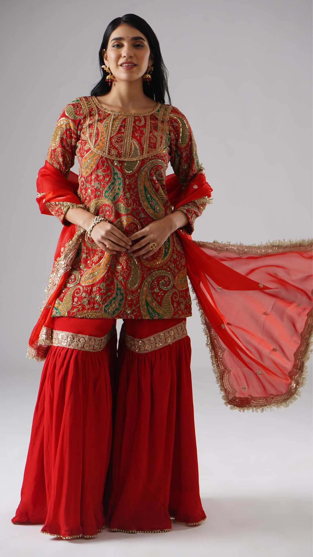 Zahrat Mehroza crimson red gharara full set, front view.