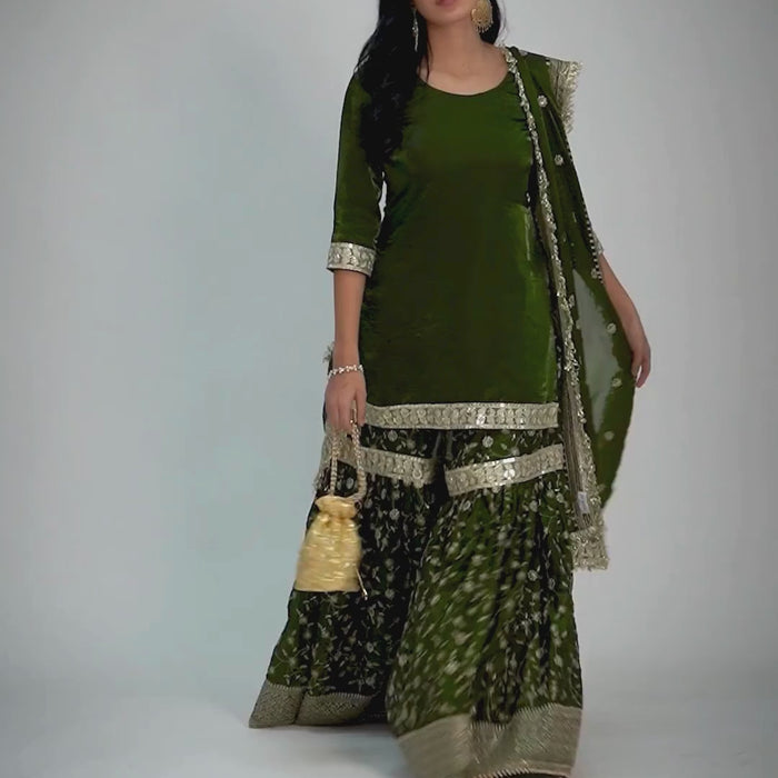 Khushrang Henna Gharara by Zahrat– henna green wedding gharara set with embroidered kurta, flared pants, and dupatta, perfect for mehendi, haldi, sangeet, and festive occasions.