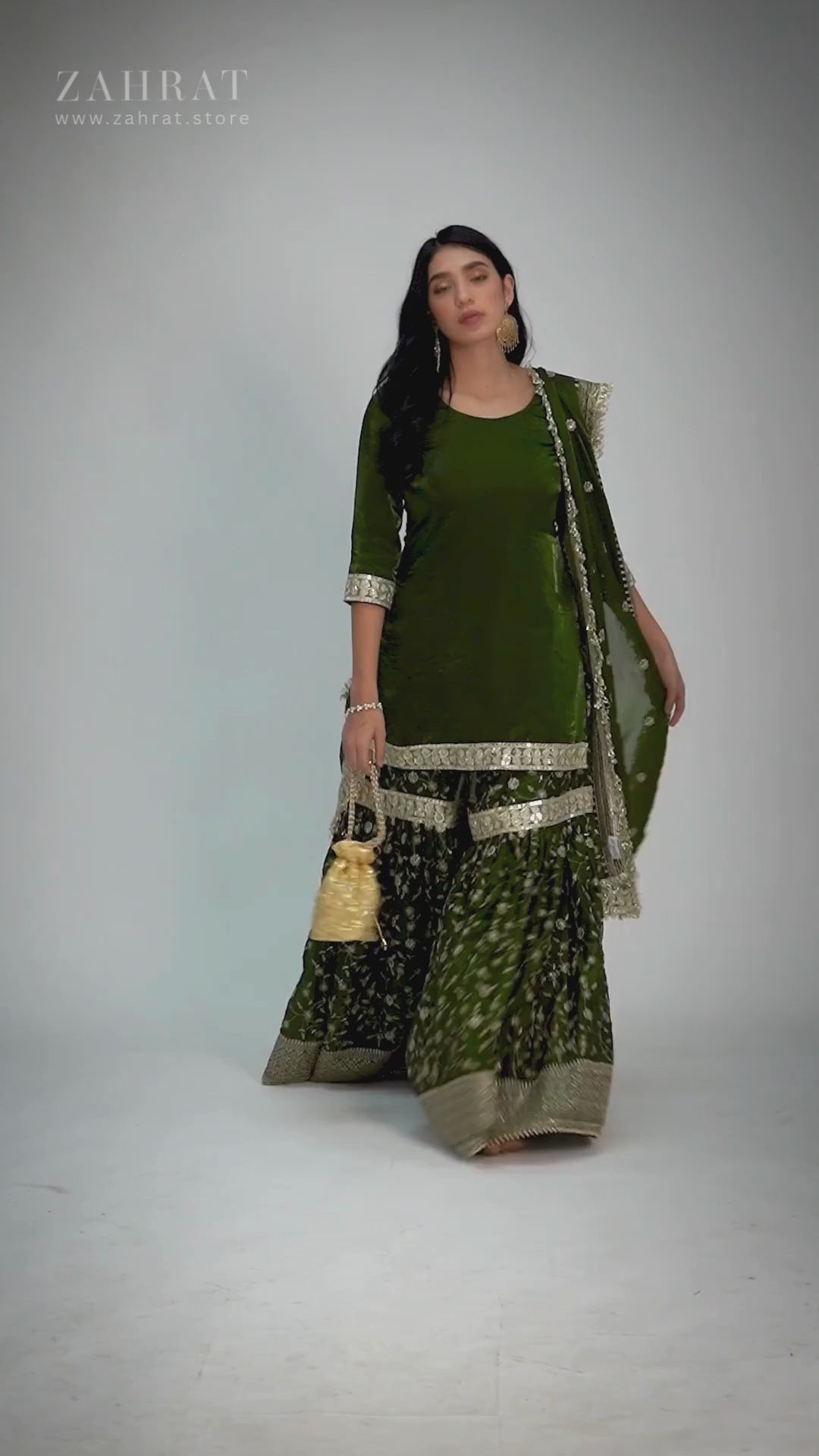Khushrang Henna Gharara by Zahrat– henna green wedding gharara set with embroidered kurta, flared pants, and dupatta, perfect for mehendi, haldi, sangeet, and festive occasions.