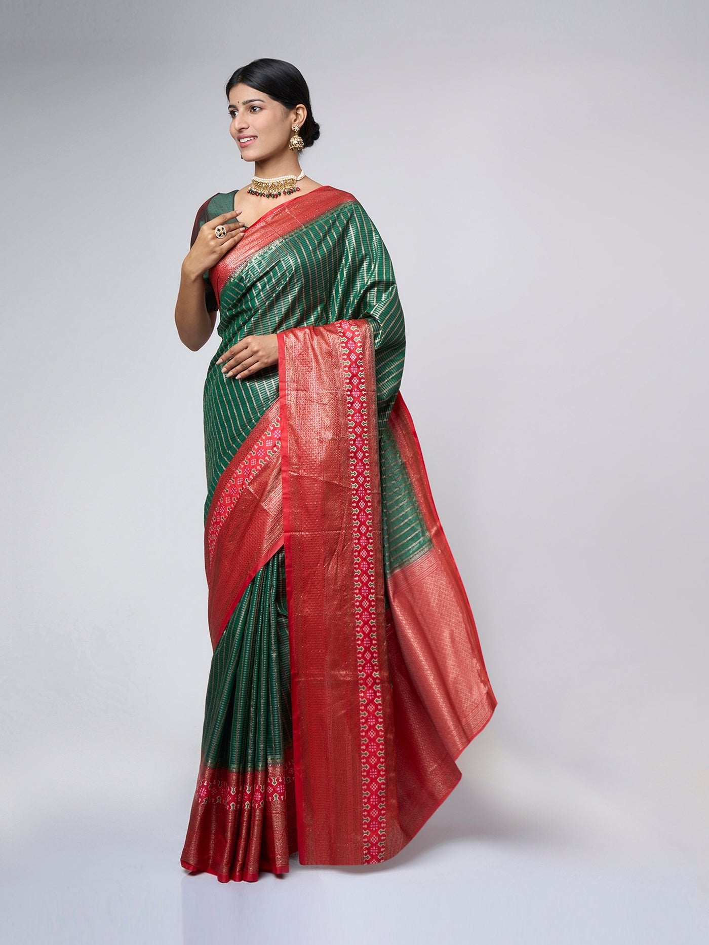 Vermaya - Green silk blend saree with red zari accents - ZahratSaree